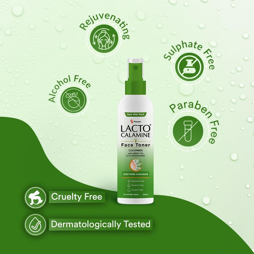 Lacto Calamine Face Toner With Cucumber | 120ml | Deep Pore Cleansing | Open Pores Tightening with Green Tea & 2% Niacinamide For Cool & Hydrated Skin | thumbnail