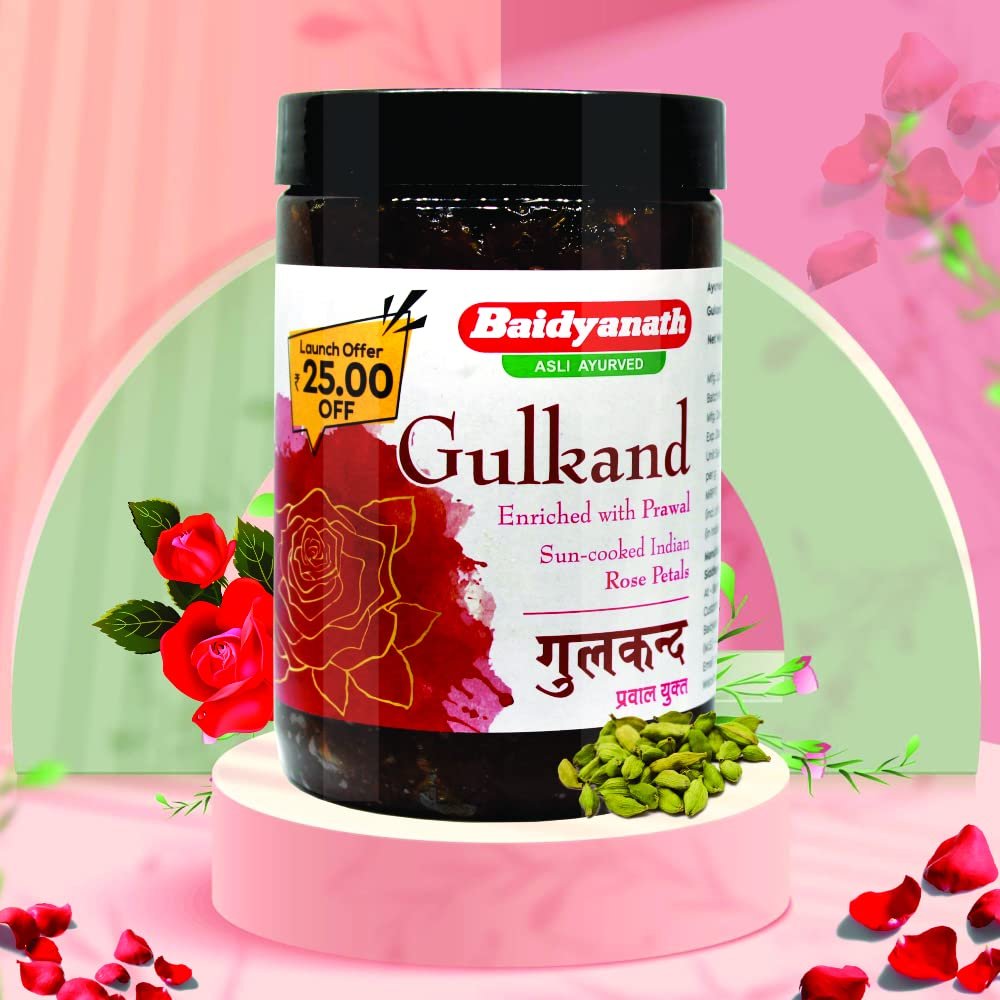 Baidyanath Asli Ayurved Gulkand 400 Gummy Enriched with Prawal Sun-cooked Indian (Rose Petal Jam) (Pack of 1) thumbnail