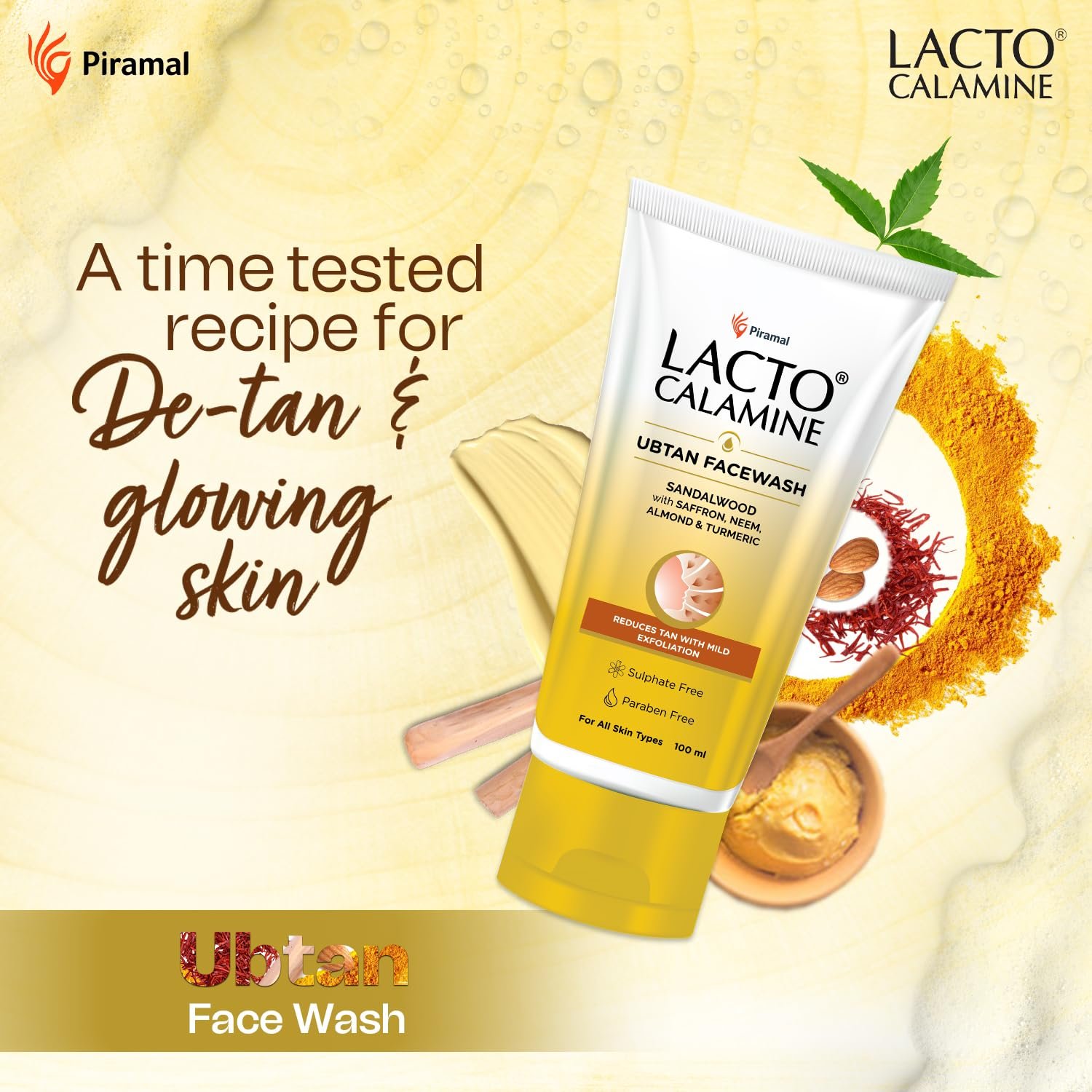 Lacto Calamine Ubtan Face Wash for Glowing Skin | Natural Face Wash with Sandalwood, Saffron, Neem, Almond & Turmeric | Exfoliating Facewash reduces Tan | Sulphate, Paraben Free |100 ml Pack thumbnail