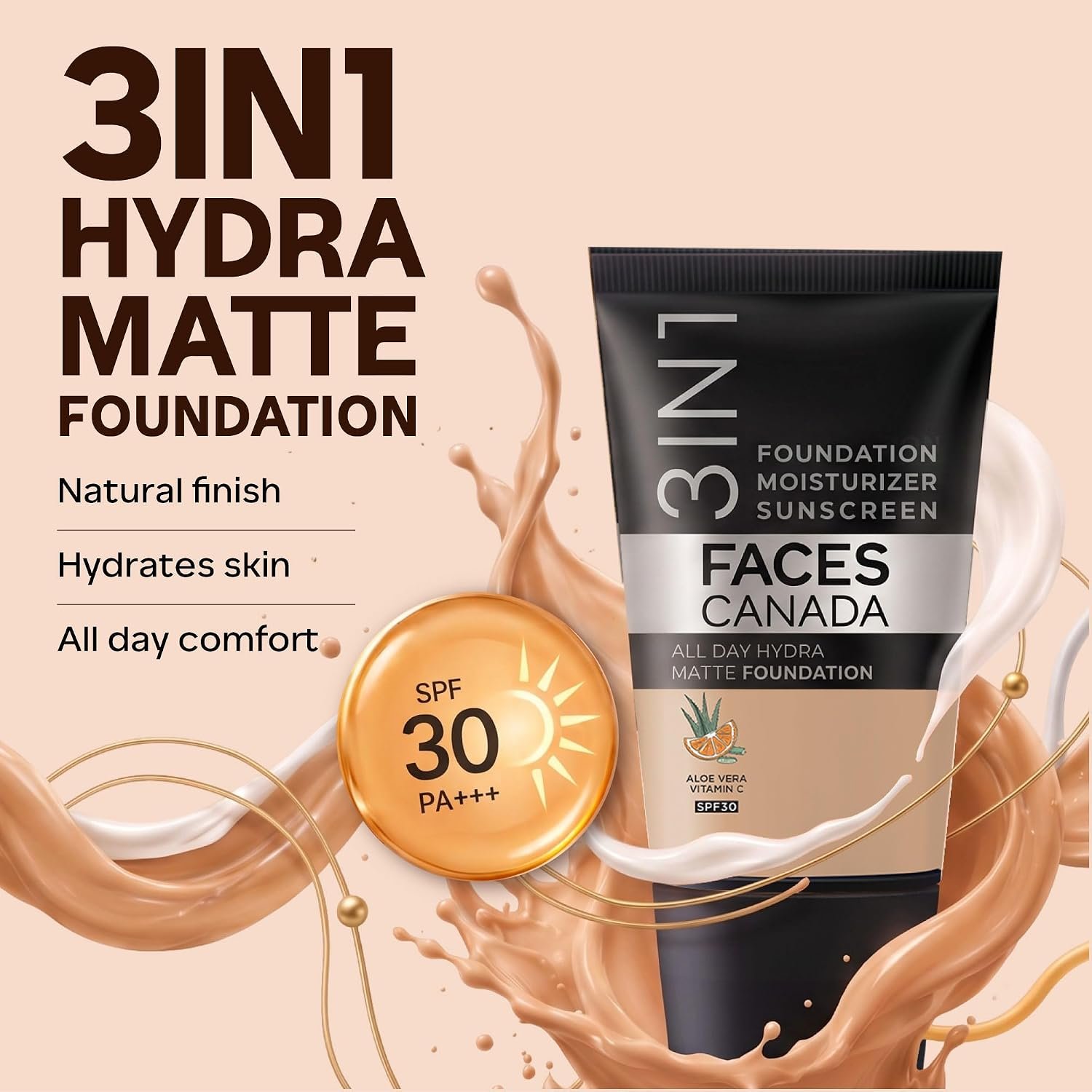 FACESCANADA Cream All Day Hydra Matte Foundation - Mini|3in1 Foundation + Moisturizer + SPF 30|24 HR Aloe Hydration & Vitamin C| 10HR Wear | Medium to High Buildable Coverage | Medium Natura thumbnail
