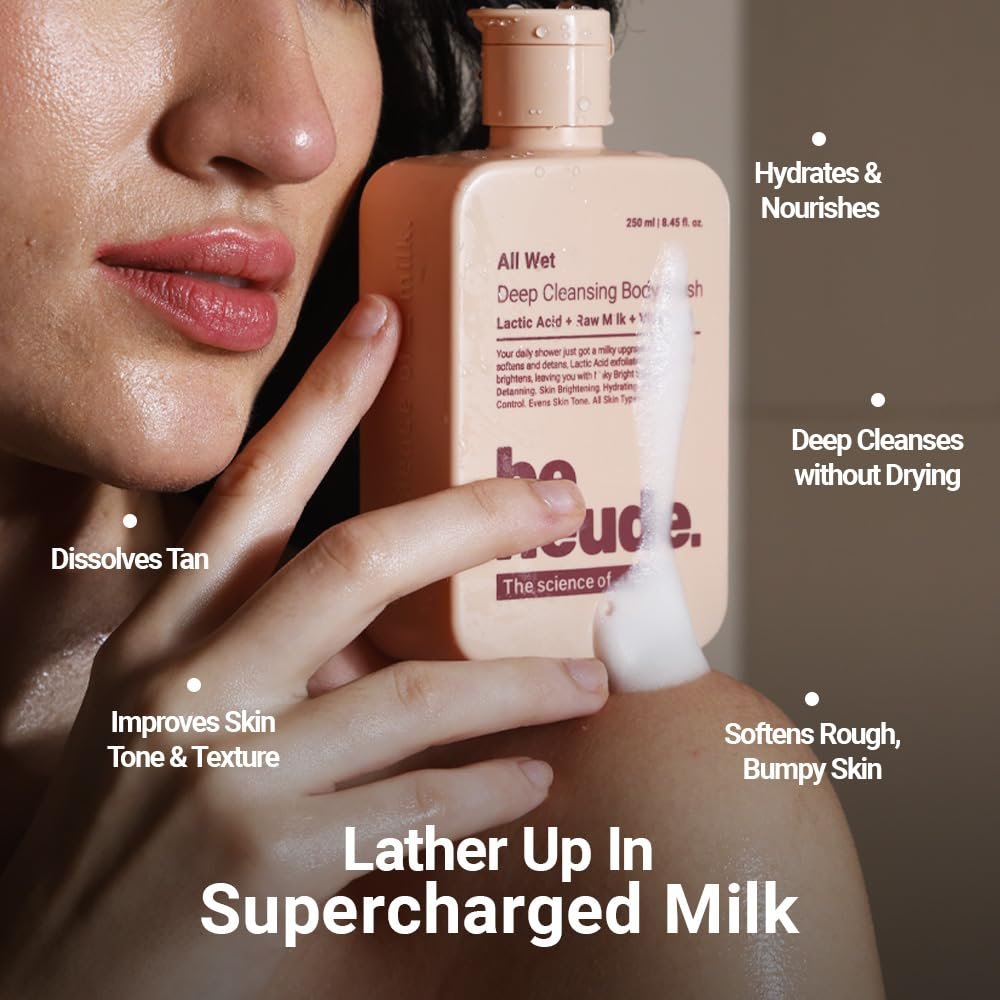 Be Neude All Wet 250ml De-Tan Body Wash with Milk, Lactic Acid, Vitamin C for Skin Brightening, Dark Spot & Pigmentation Reduction; Deep Cleansing Shower Gel Prevents Dryness & Body Acne | thumbnail