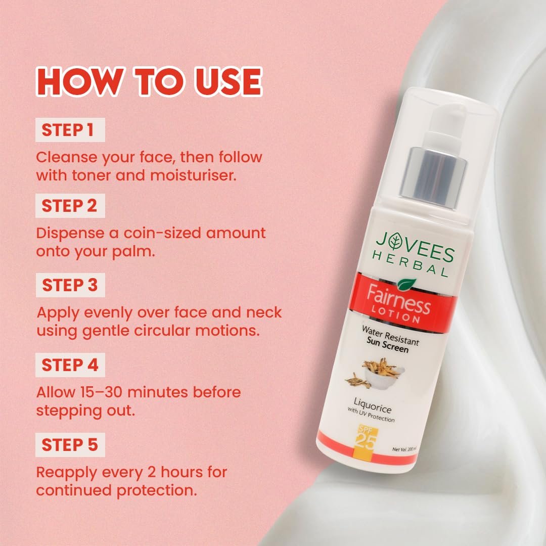 Jovees Herbal Sunscreen Fairness SPF 25 Lotion for Face | Oily & Sensitive Skin | Lightweight, Non-Greasy | UVA/UVB Protection, Prevents Tanning & Uneven Skin Tone | 100ml thumbnail