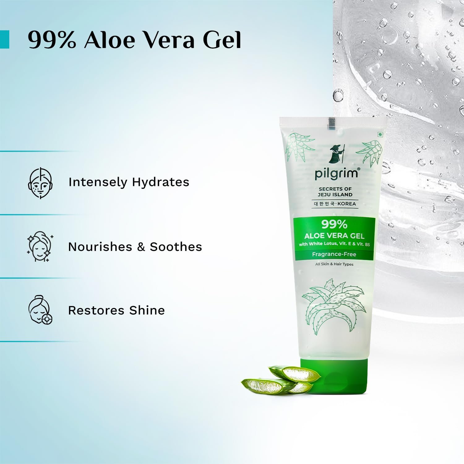 PILGRIM Korean 99% Pure Aloe Vera Gel 200ml with Vitamin E & Vitamin B5 for Face & Hair | Hydrates & Soothes Skin | Conditions & Softens Hair thumbnail