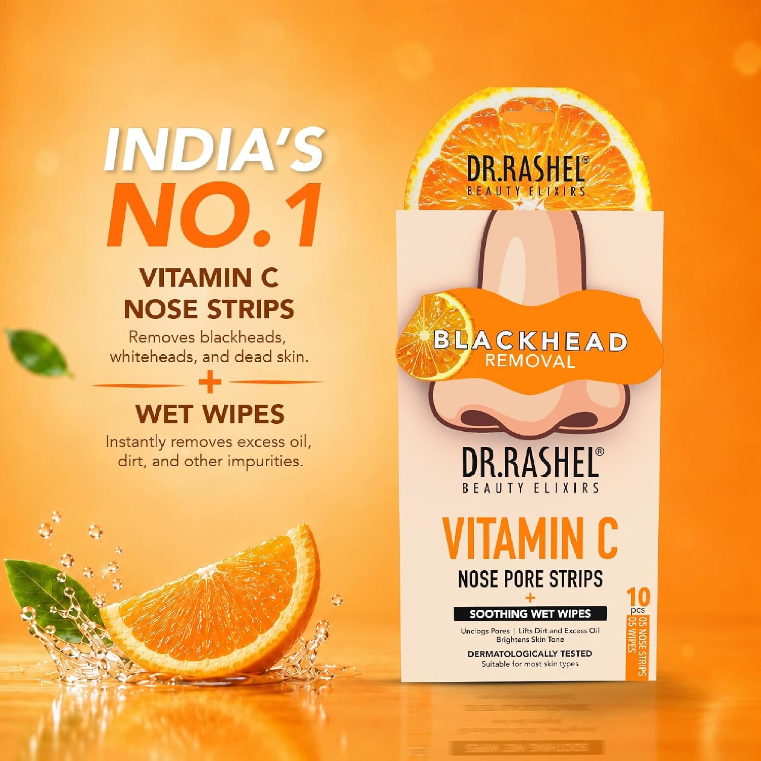 DR.RASHEL Beauty Elixirs Vitamin C Nose Pore Cleansing Strips with Witch Hazel Extracts for Blackhead & Impurity Removal 5 Strips + 5 Soothing Wet Wipes Pack of 10 thumbnail