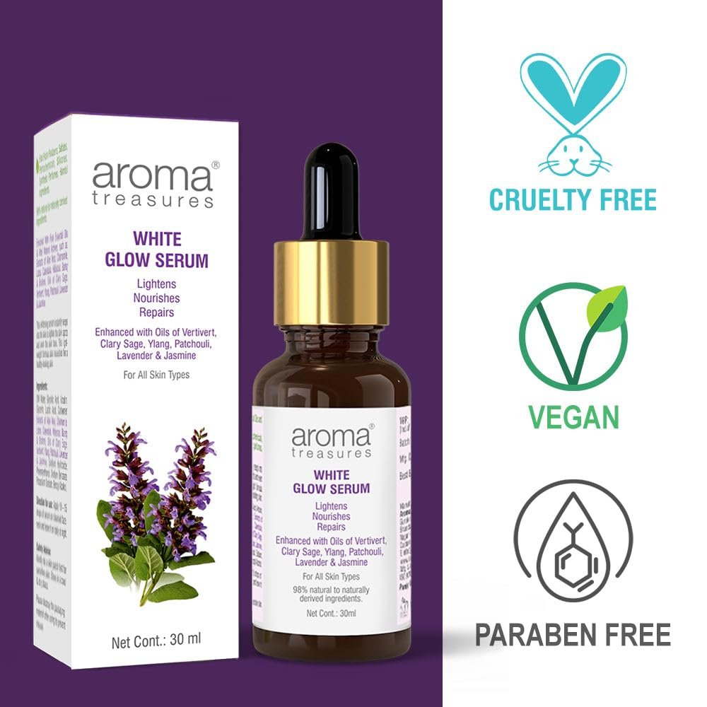 Aroma Treasures White Glow Face Serum | Skin Brightening and Anti-Dark Spots | Lightens, Nourishes, Repairs | 98% Natural to Naturally Derived Ingredients | For all skin types - 30ml thumbnail