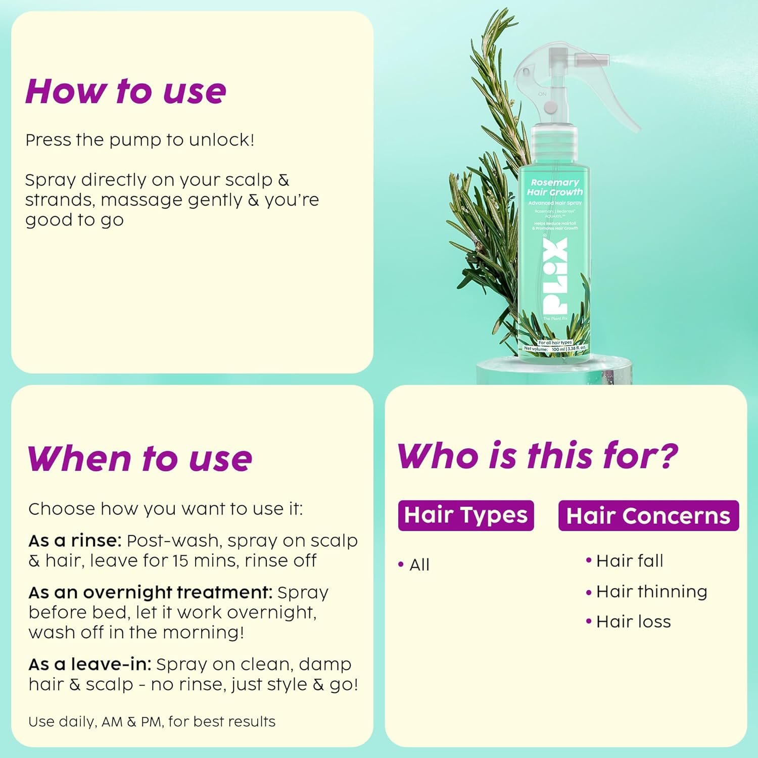 PLIX The Plant Fix Rosemary Hair Spray with Redensyl & Rosemary Extract | Non-Sticky Daily Hair & Scalp Care Spray | Lightweight Formula for Healthy-Looking Hair | 100ml thumbnail