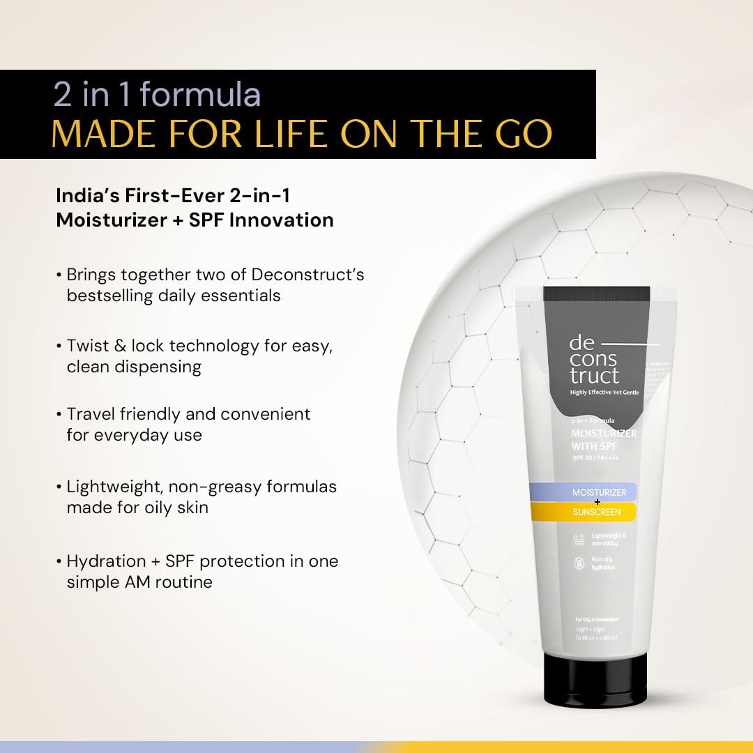 Deconstruct 2 in 1 Moisturizer & Sunscreen | SPF 50 PA++++, Oil Free Moisturizer & Gel Sunscreen, Invivo Tested, Lightweight, Non-Greasy, For oily, combination, normal skin | 50g thumbnail