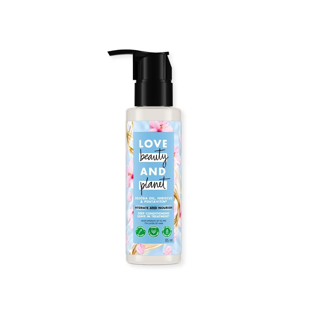 Love Beauty and Planet Jojoba Oil, Hibiscus & Pentavitin Hydrate & Nourish Deep Conditioning Leave in Treatment, 85ml