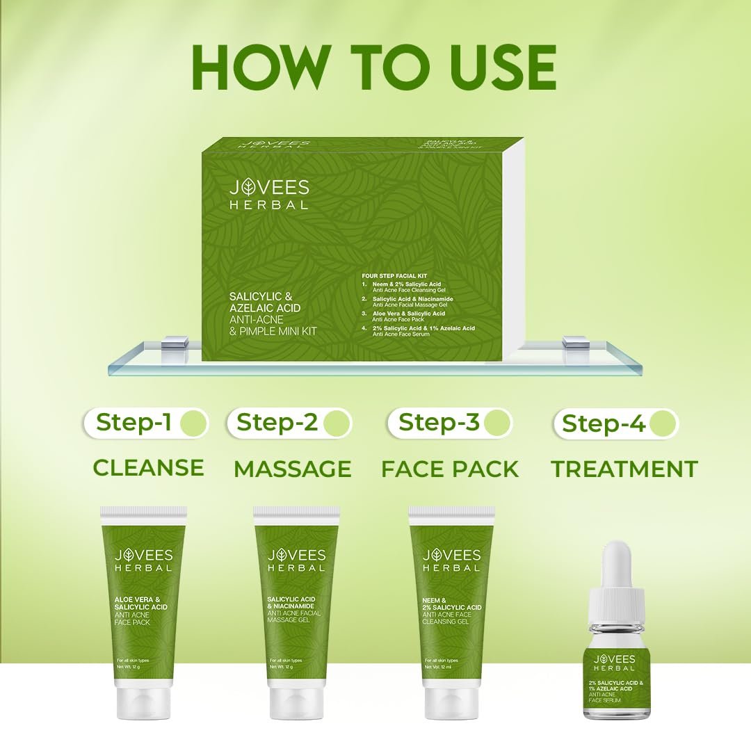 Jovees Herbal Salicylic & Azelaic Acid Anti-Acne & Pimple Mini Facial Kit For Oily & Acne Prone Skin | Easy 4 Step Facial Kit | For Multiple Use | For Men & Women 215g thumbnail
