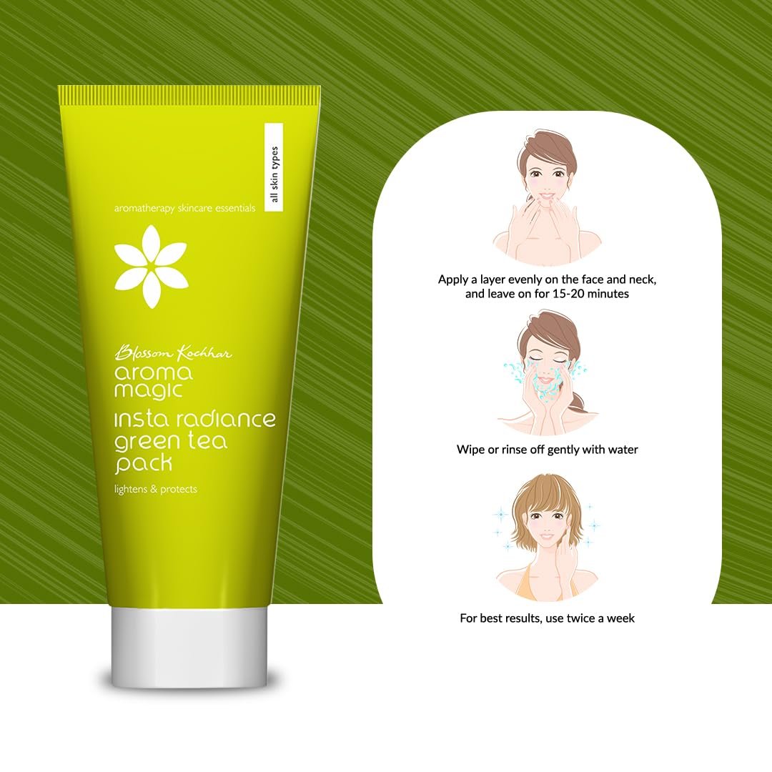 Aroma Magic INSTA Radiance Green Tea Pack orange & lemon Essential Oils | Blend of fruit enzymes | For Lighten Blemishes| Hydrates & Protect | for Men & Women | ALL Skin Types | 100gm thumbnail