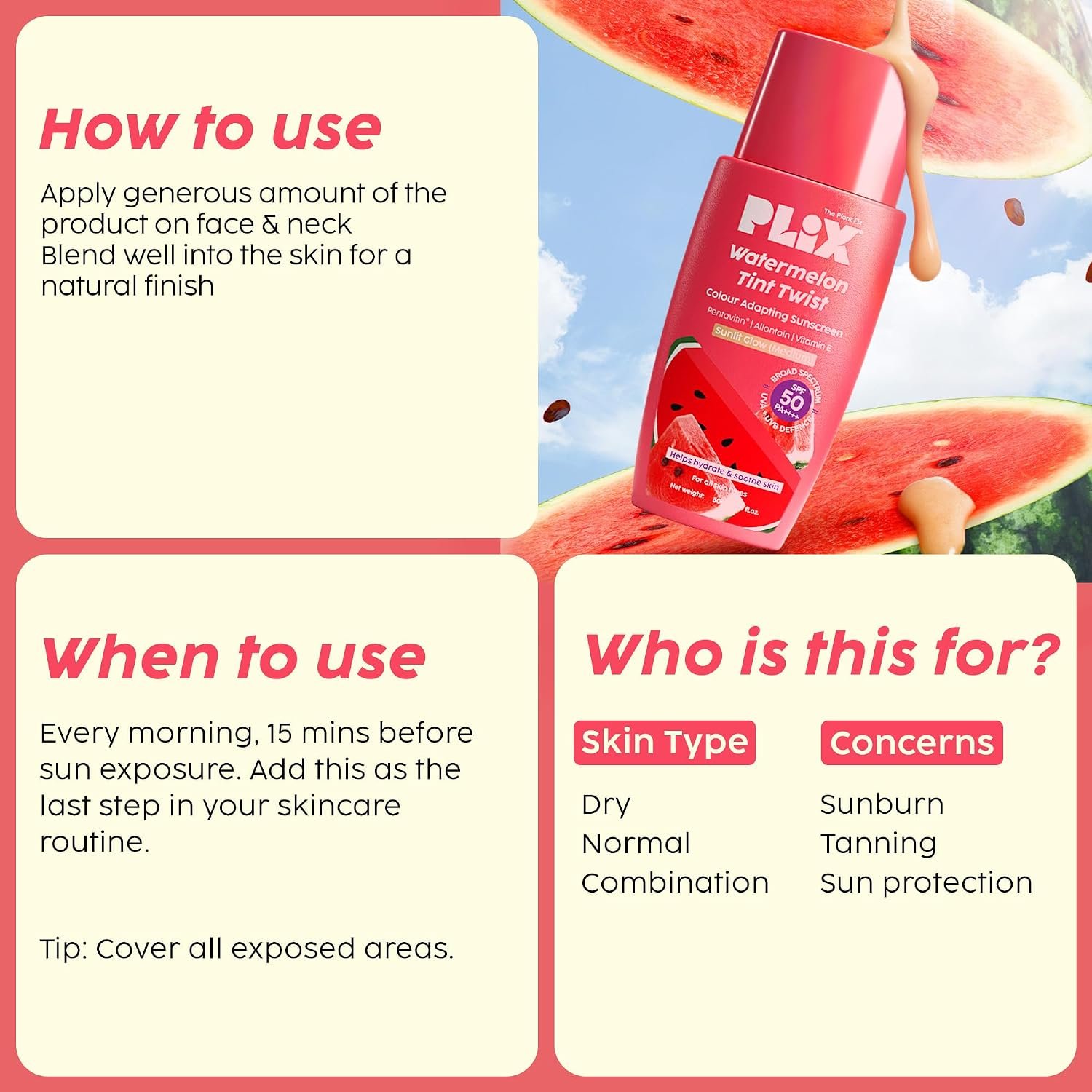 PLIX - THE PLANT FIX Watermelon Tint Twist Color-Adapting Sunscreen | For light coverage & instant glow | SPF 50 PA++++ Medium Sunlit Glow thumbnail