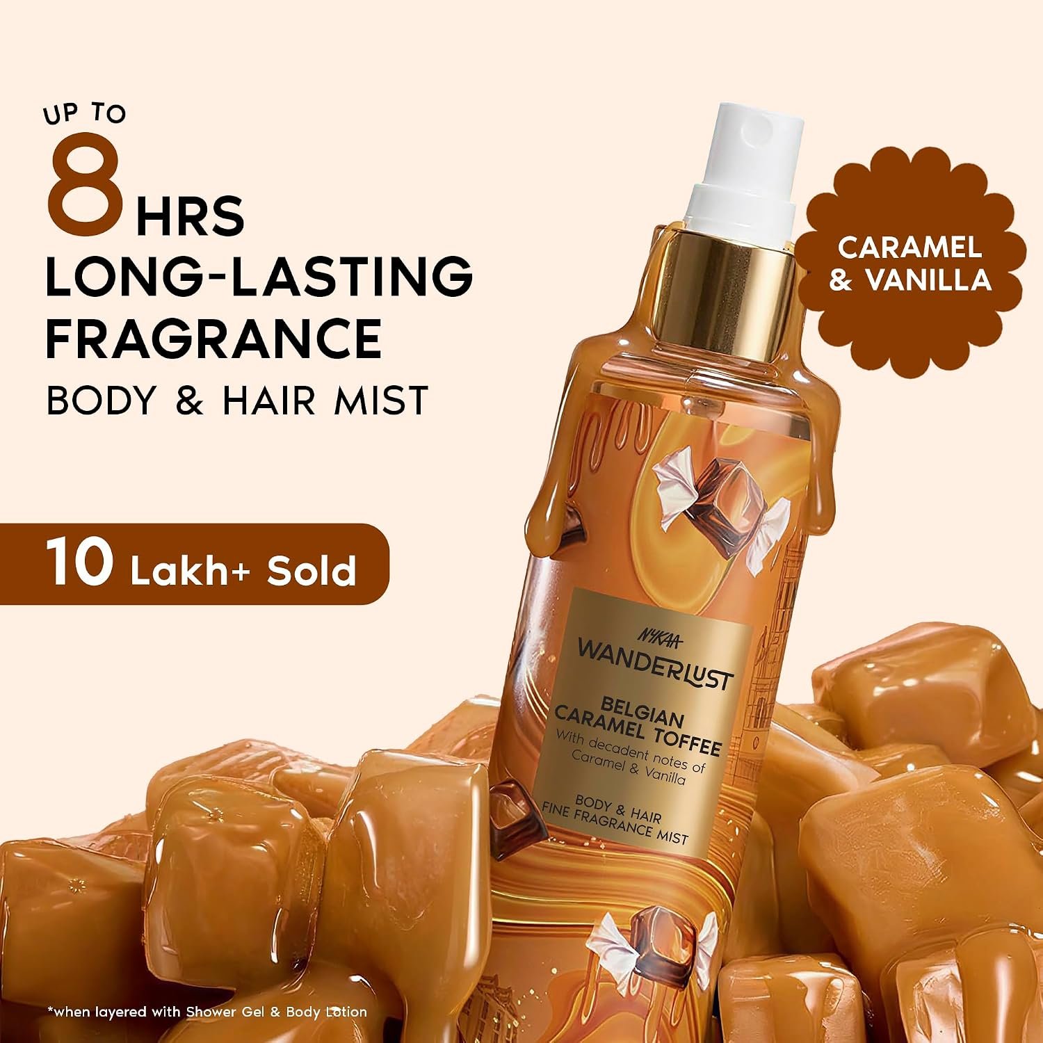 Nykaa Wanderlust Belgian Caramel Toffee Perfume Body & Hair Mist, Notes of Caramel & Vanilla, 8 Hrs Long-Lasting Everday Fragrance, 200 ml thumbnail