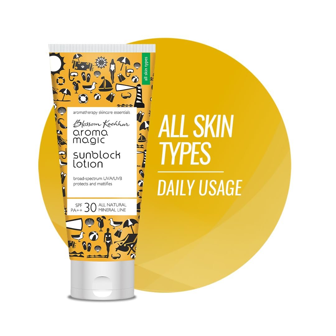 Aroma Magic Matte Sunblock Sunscreen Lotion | SPF 30 PA++ Protection with Non-Nano Zinc Oxide | No Parabens, Alcohol-Free | Calendula, Chamomile | Chemical-Free | All Skin | 100ml