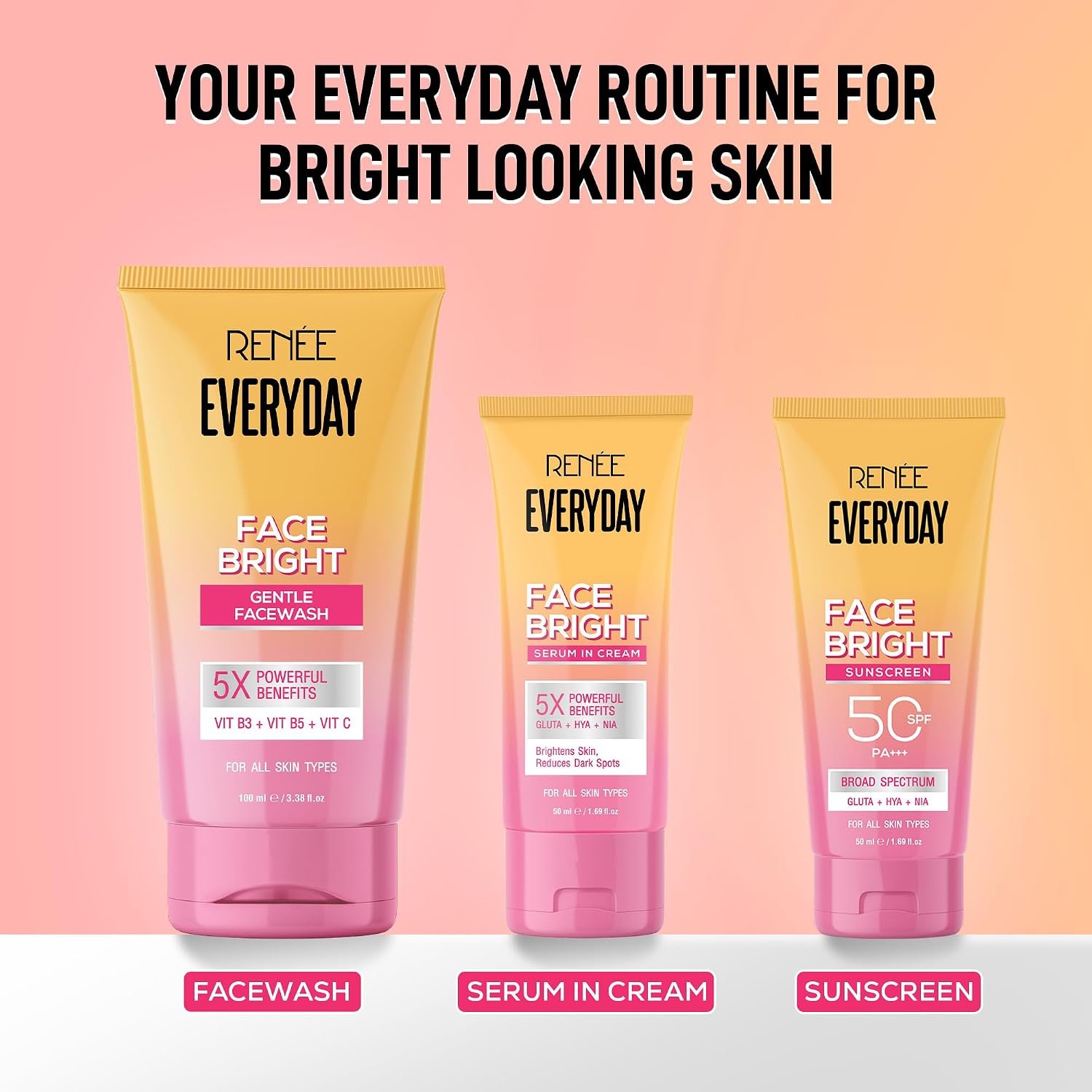 RENEE Everyday Face Bright Brightening Sunscreen SPF 50 PA+++ | In-Vivo Tested | With Niacinamide, Hyaluronic Acid & Glutathione | Broad Spectrum UVA & UVB Protection | 50ml thumbnail