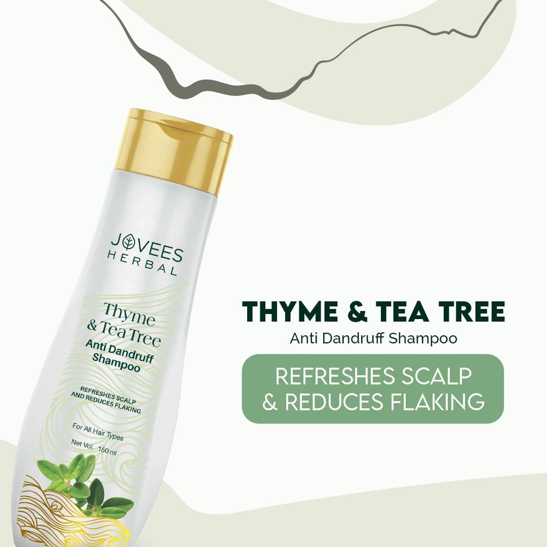 Jovees Herbal Thyme & Tea Tree Anti Dandruff Shampoo | With Tea Tree, Thyme & Lemon Extract | For All Hair Type | Prevents Dandruff & Dry Scalp | For Men & Women- 150ml thumbnail
