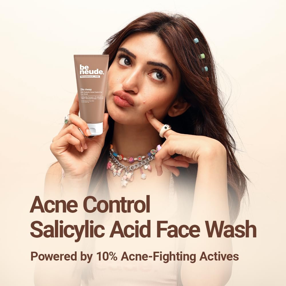 Be Neude Zits Away 100ml Daily Acne Control Face Wash with Milk Probiotics, 2% Salicylic Acid, Neem, Acne Face Wash for Men & Women (Pack of 1) thumbnail