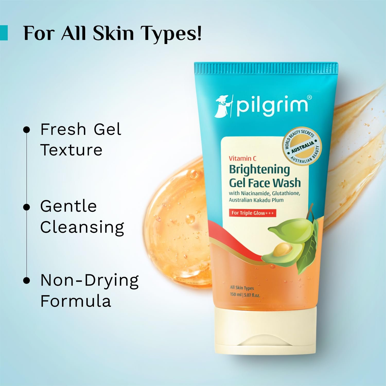 Pilgrim Vitamin C Brightening Gel Face Wash For Glowing Skin - 150ml Triple Glow with Niacinamide & Glutathione, Australian Kakadu Plum, Deep Cleanse, Brightens, Even Tone & Gently Exfoliate thumbnail