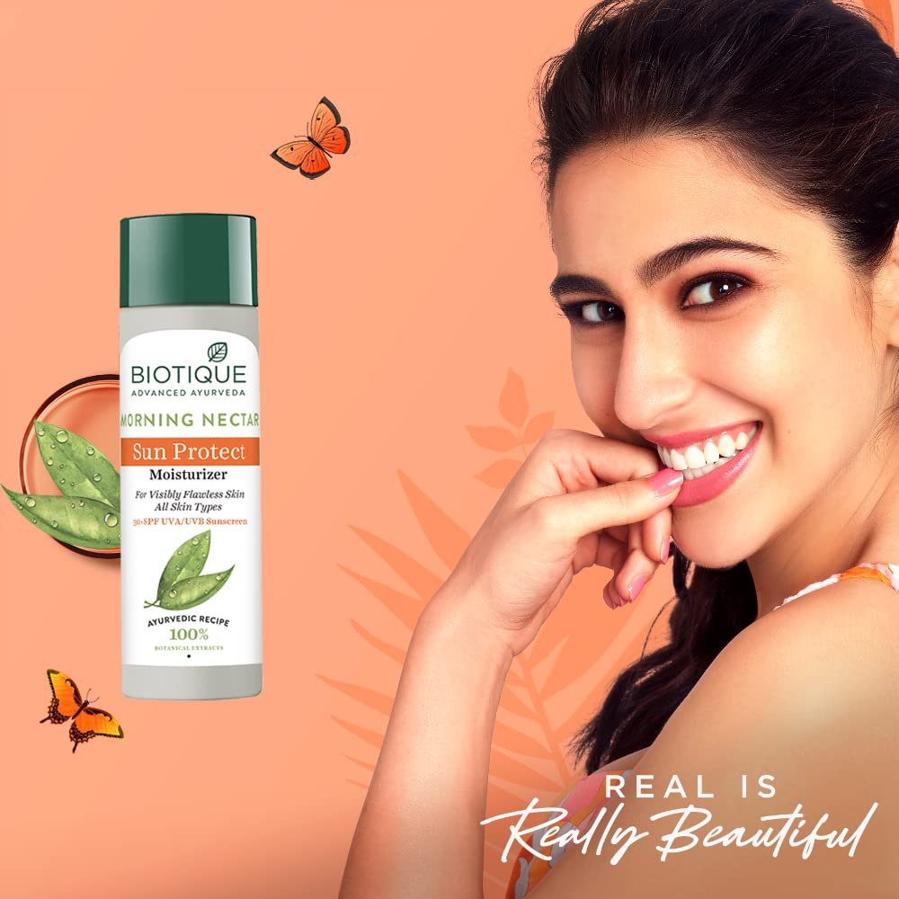 Biotique Morning Nectar Sun Protect Moisturizer SPF 30 UVA/UVB Sunscreen| Contains Wild Turmeric, Neem Leaves, & Morning Nectar | Visibly Flawless Skin | Suitable for All Skin Types | 120 ml thumbnail