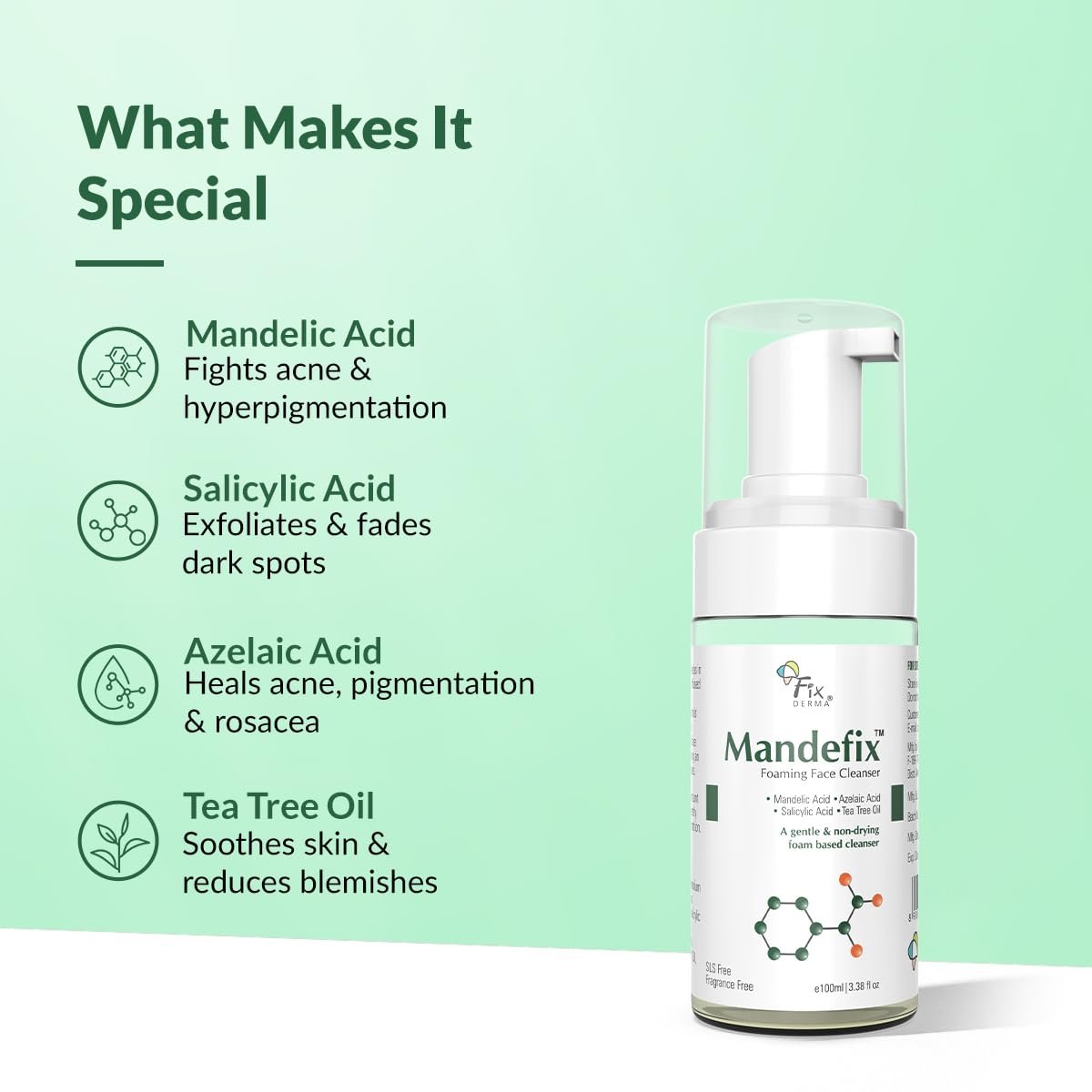 Fixderma Mandefix Foaming Cleanser with 2% Salicylic Acid | Nondrying Cleanser, Exfoliator, Reduces Skin Ageing | Salicylic Acid Face Wash for Sensitive and Acne Prone Skin - 100ml thumbnail