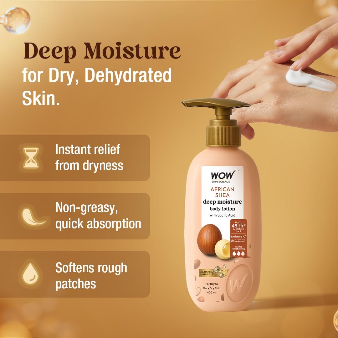 WOW Skin Science Shea Butter With Lactic Acid Body Lotion | Hydrates Very Dry Skin | Long Lasting 48 hrs Moisturization | Smoothens Rough, Flaky Skin | Calms Itchy Skin - 400ml thumbnail
