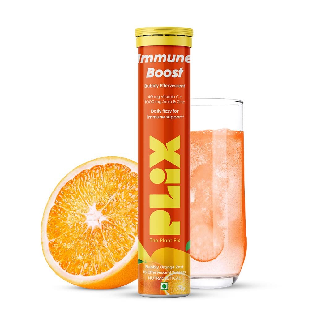 PLIX - THE PLANT FIX Vitamin C Immunity Booster 15 Effervescent Tablets,Pack Of 1 (Orange Flavour),Contains Amla And Zinc,Helps Improve Mood,Increases Energy Levels,Gluten-Free,Non-Gmo,Vegan