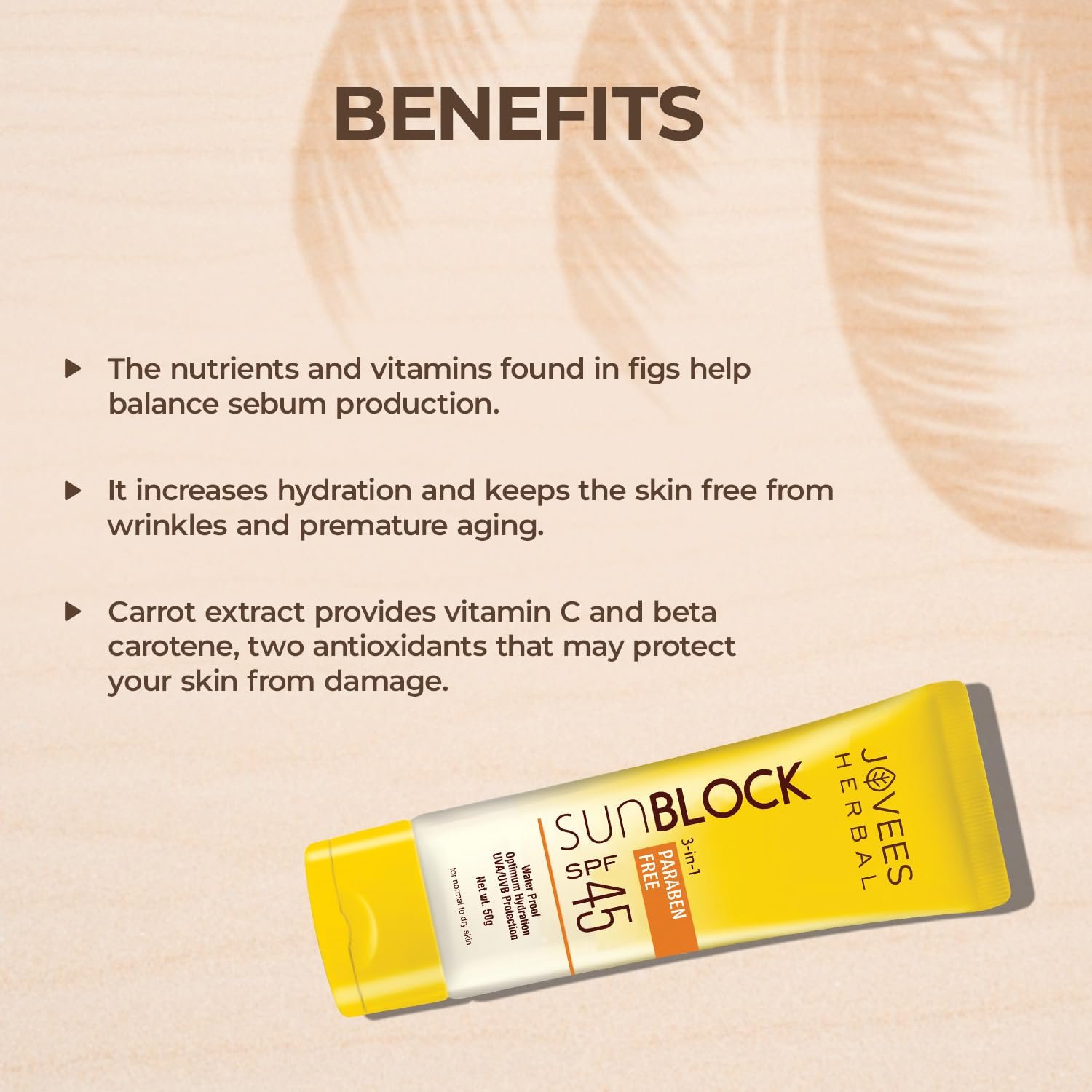 Jovees Herbal Sun Block SPF 45 For Even Toned & Glowing Skin | Suitable For Dry Skin | Sunscreen for UVA/UVB & Blue Light Protection | Lightweight & Non Grassy Sunscreen For Men/Women 50g thumbnail