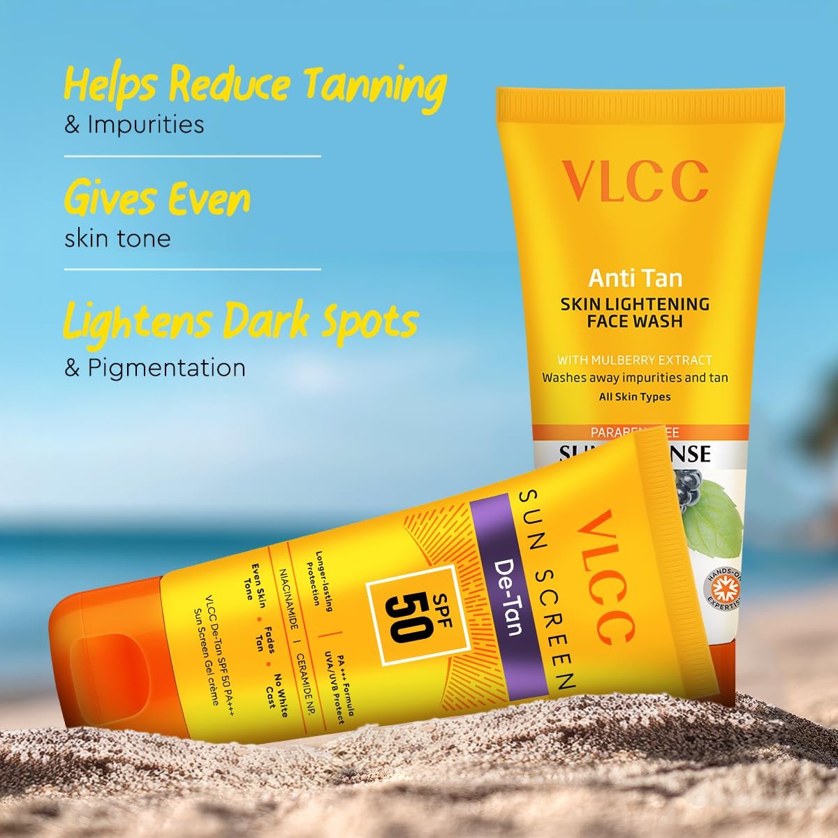 VLCC Tan-to-Tango Combo – Anti-Tan Skin Lightening Face Wash 50 g + De-Tan SPF 50 PA+++ Sunscreen Gel Crème 50 ml | Fades Tan, Even Skin Tone thumbnail