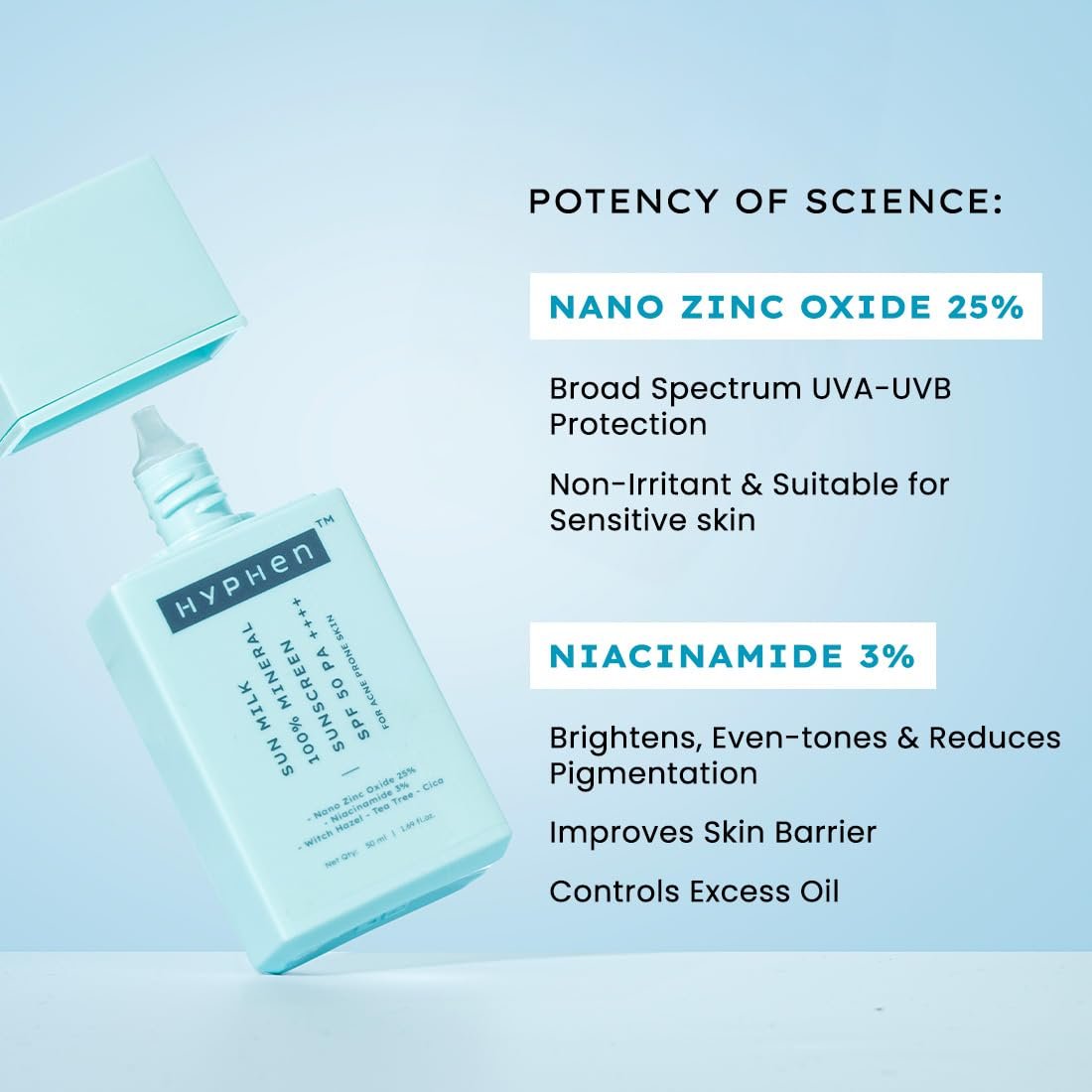 Hyphen SUN MILK 100% MINERAL SUNSCREEN SPF 50 PA++++ UV+ Bluelight Protection, 25% Nano Zinc Oxide | In-Vivo Certified | Sensitive, Acne Prone & Oily Skin, Water Resistant Sun Protect |50 ml thumbnail