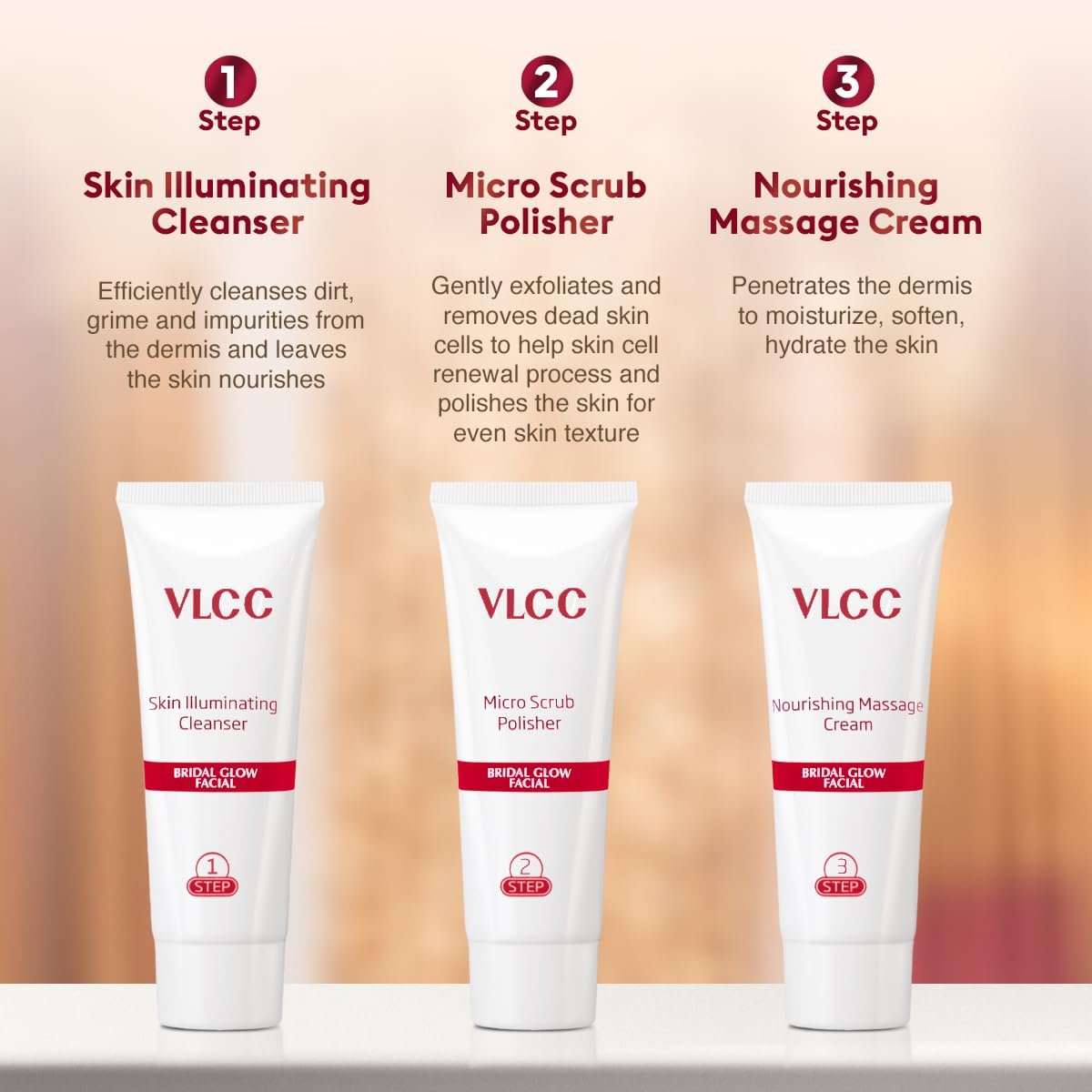 VLCC Bridal Glow Facial Kit - 49g, With Hyaluronic Acid, Niacinamide & Vitamin C. At home facial with 3 Illuminator Strobe Creams - Gold, Lilac, Rose. thumbnail
