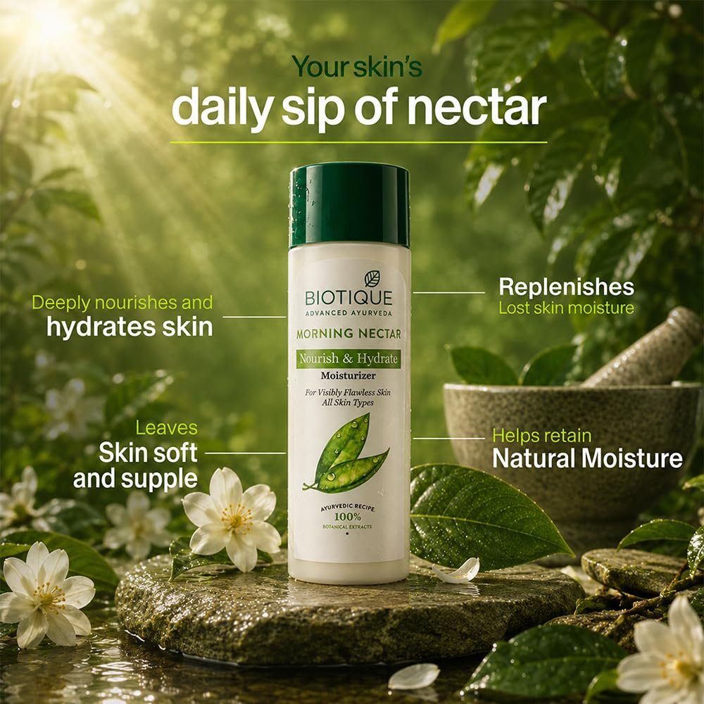 Biotique Morning Nectar Flawless Skin Moisturizer Lotion L Prevents Dark Spots, Blackheads And Blemishes L Visibly Flawless Skin L Nourishes And Hydrates Skin L All Skin Types L 190Ml thumbnail
