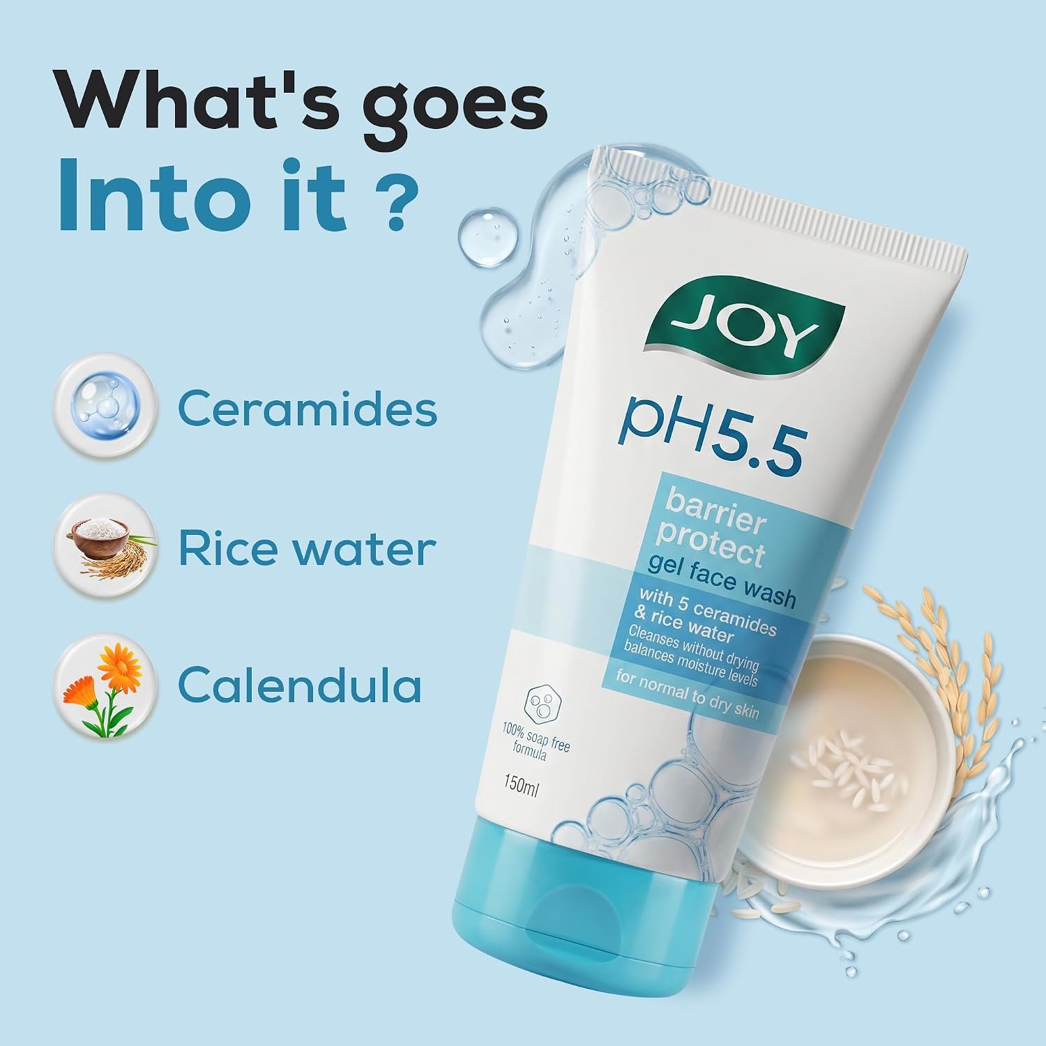 Joy pH 5.5 Hydrating Gel Face Wash with Ceramides and Rice water 150ml | Gently Cleanses and Protects Skin Barrier | Ideal for Sensitive Skin thumbnail