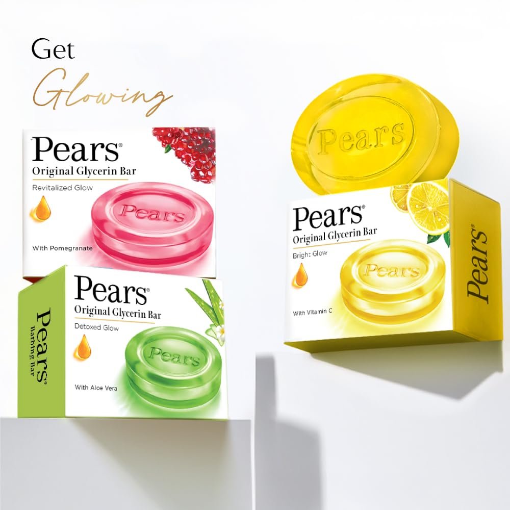 Pears Original Glycerin Soap Bar - Bright Glow | With 98% Pure Glycerin & Vitamin C | With Plant Based Cleanser for Skin & Body | Paraben-free | 125gms x 4 thumbnail