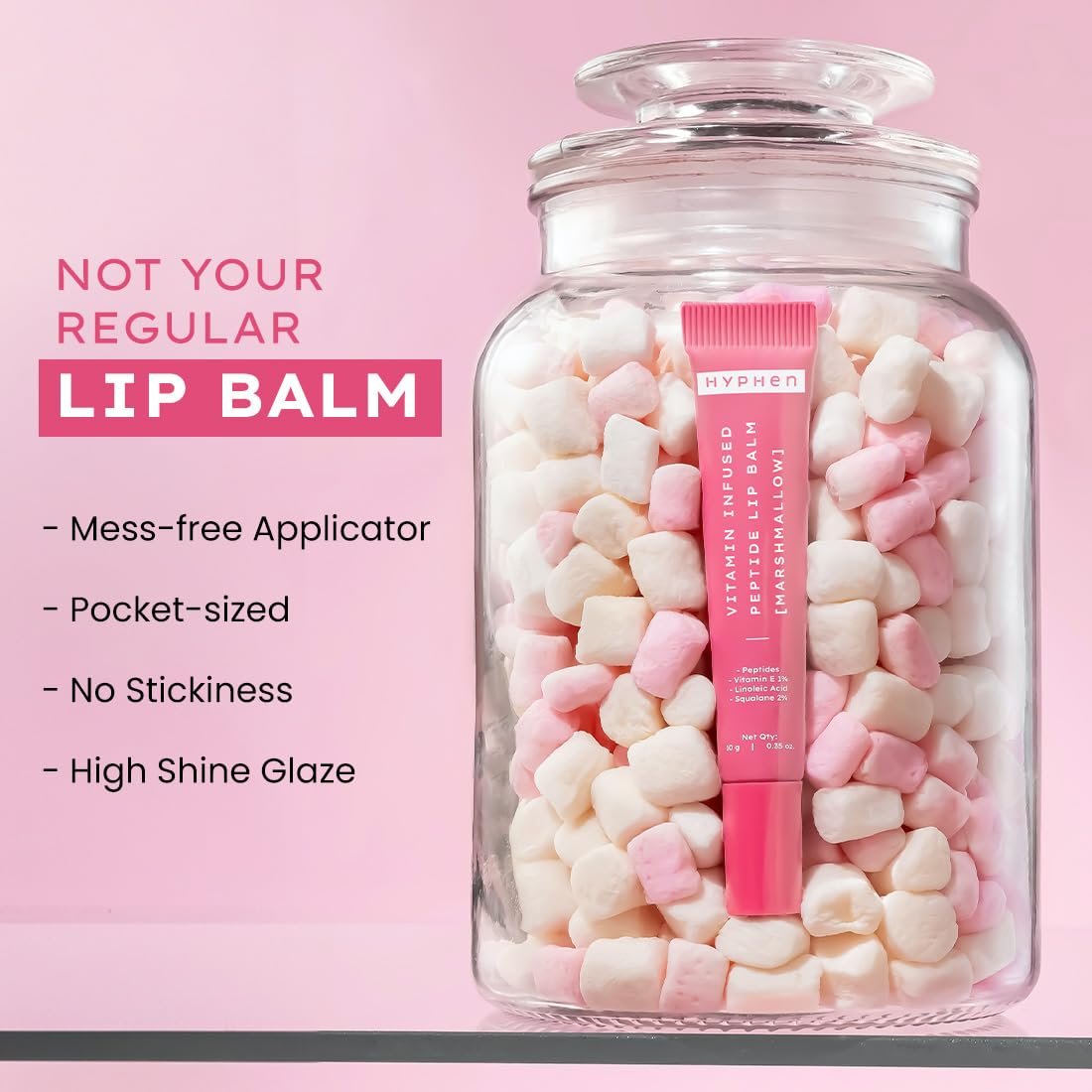 Hyphen Tinted Lip Balm - Marshmallow Pink | 1% Vitamin E, 2% Squalane & Peptides | Brightening Lip Balm for Dark Lips | 24h Moisturization & Hydration for Dry & Chapped Lips - 10 g thumbnail