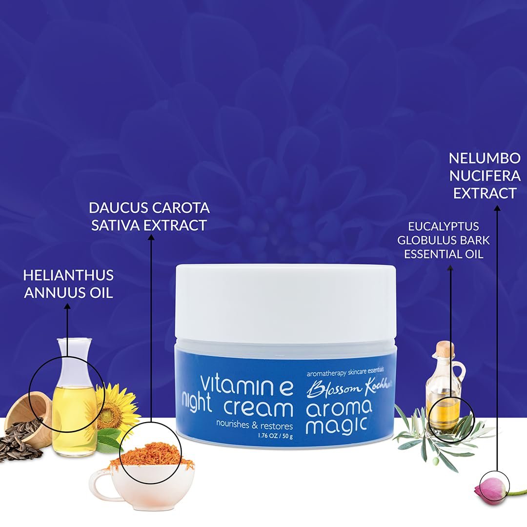 Aroma Magic Vitamin E Night Cream| Repairs, replenishes, & lightens blemishes| Carrot & lotus extract, sunflower oil, shea butter, geranium & patchouli essential oil| All Skin Type -50g thumbnail