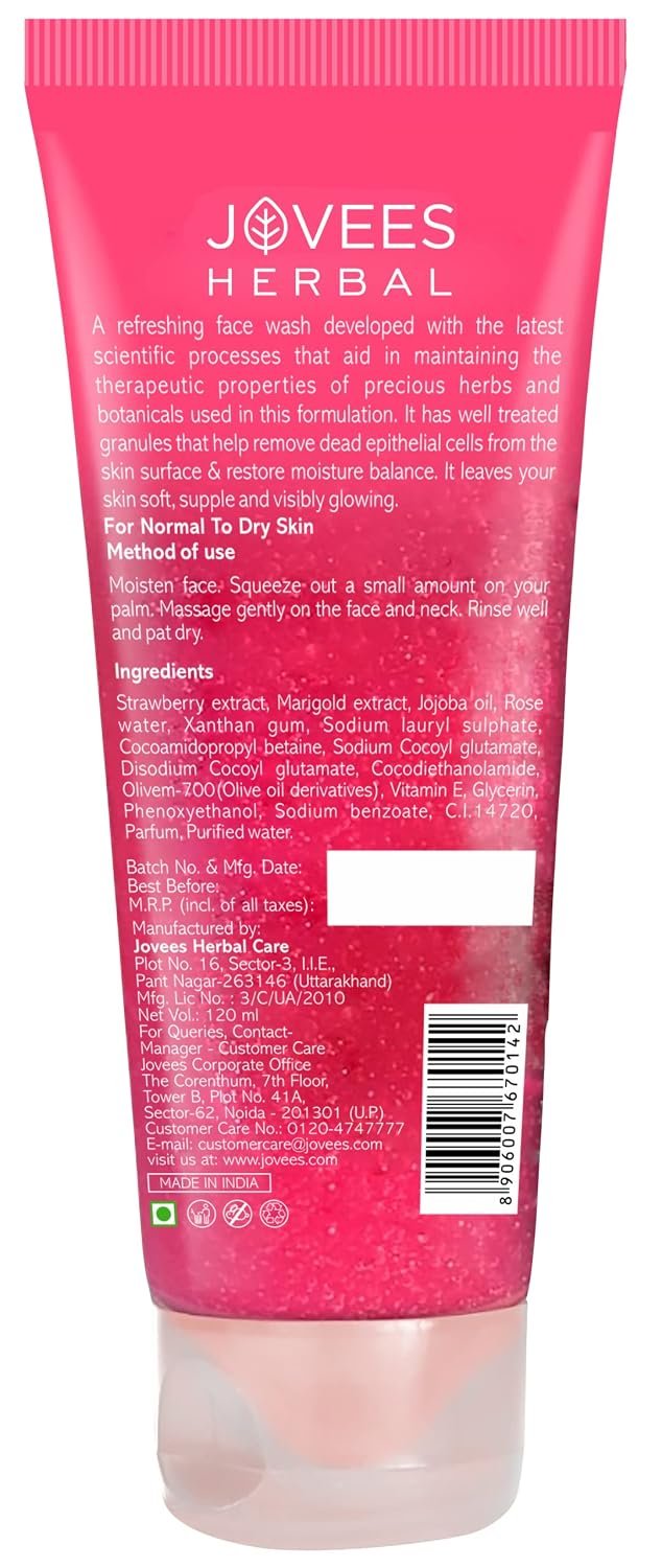 Jovees Herbal Strawberry Face Wash For Hydrating & Glowing Skin with Strawberry Ext. | Gentle Cleanser For Brightens Skin, Removes Pigmentation | For Normal to Dry Skin Types - 120ML thumbnail