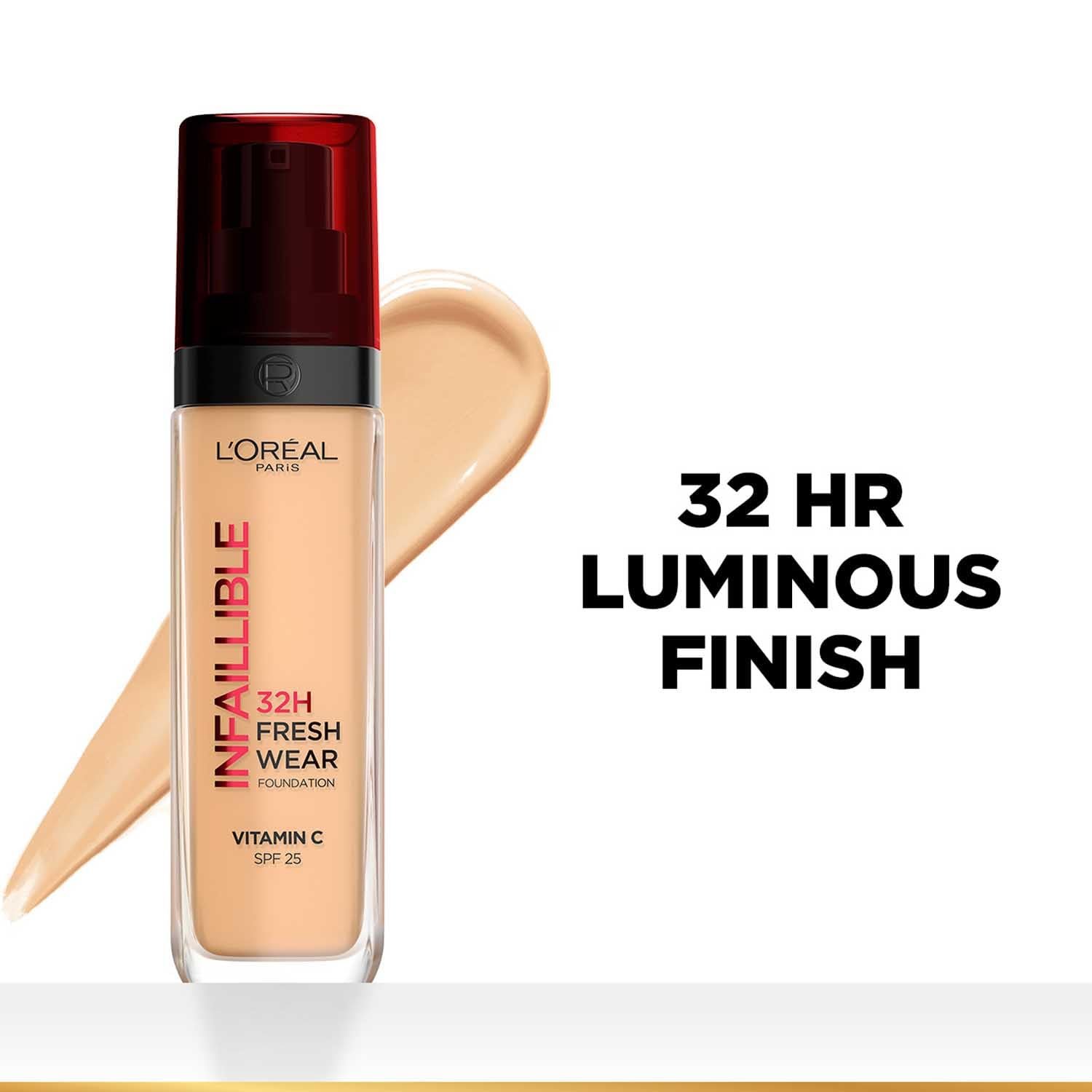 L'Oreal Paris Infallible 32H Fresh Wear Liquid Fdt, 250 Radiant Sand 32H Fresh Wear Liquid Foundation, Transfer-Proof, Sweat-Proof, Lightweight Breathable Texture, Full Coverage, Vitamin C thumbnail