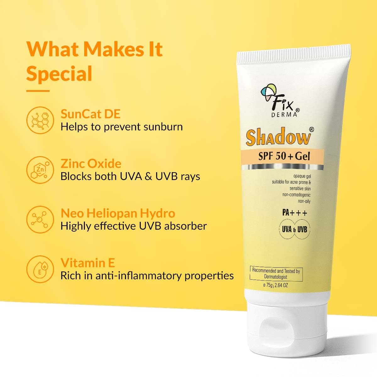 Fixderma Shadow Sunscreen SPF 50+ PA+++ Gel | Sunscreen SPF 50 for Oily, Acne Prone & Normal Skin | Broad Spectrum & UVA & UVB Protection | Lightweight | No White Cast | For Unisex - 75G thumbnail