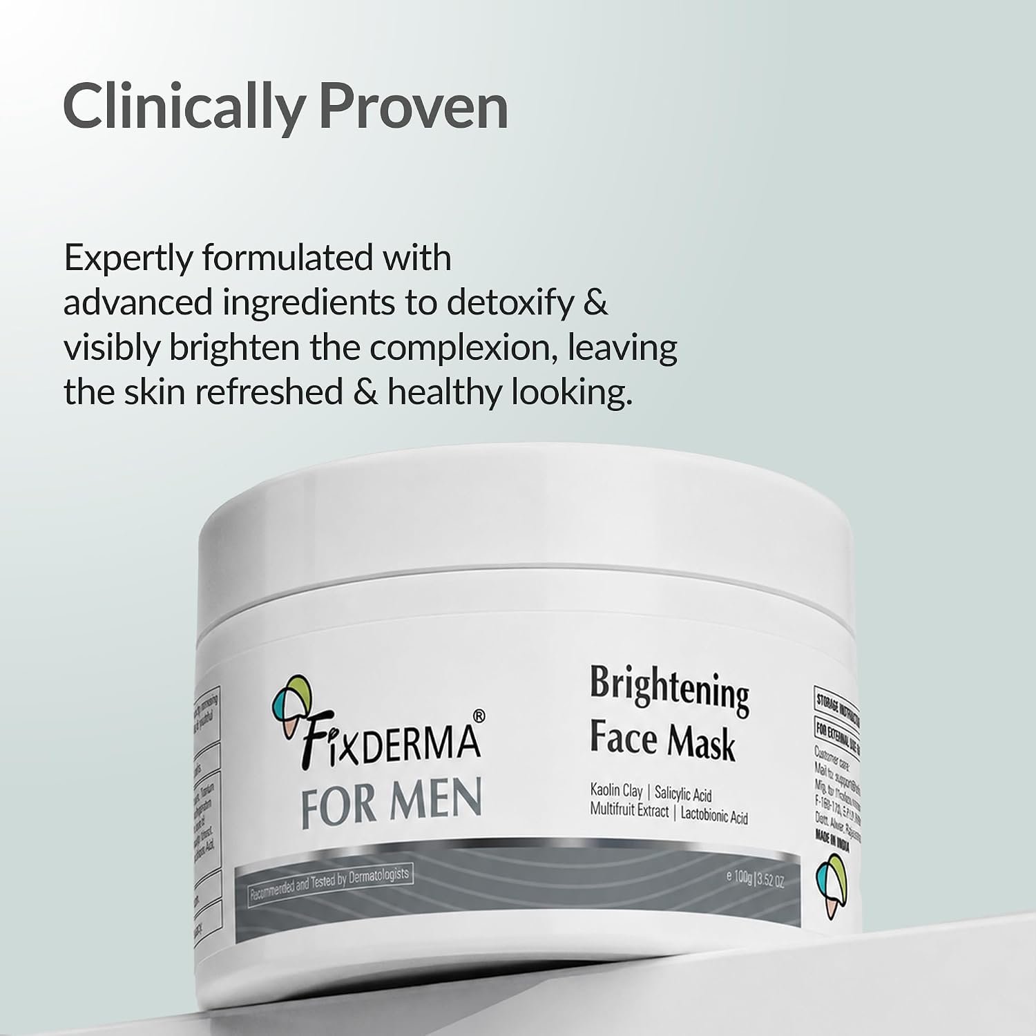 Fixderma Brightening Face Mask for Men | Clay Face Mask for Blackheads & Excess Oil | Deep Cleansing Mask for Clear, Smooth & Bright-Looking Skin | 100g thumbnail