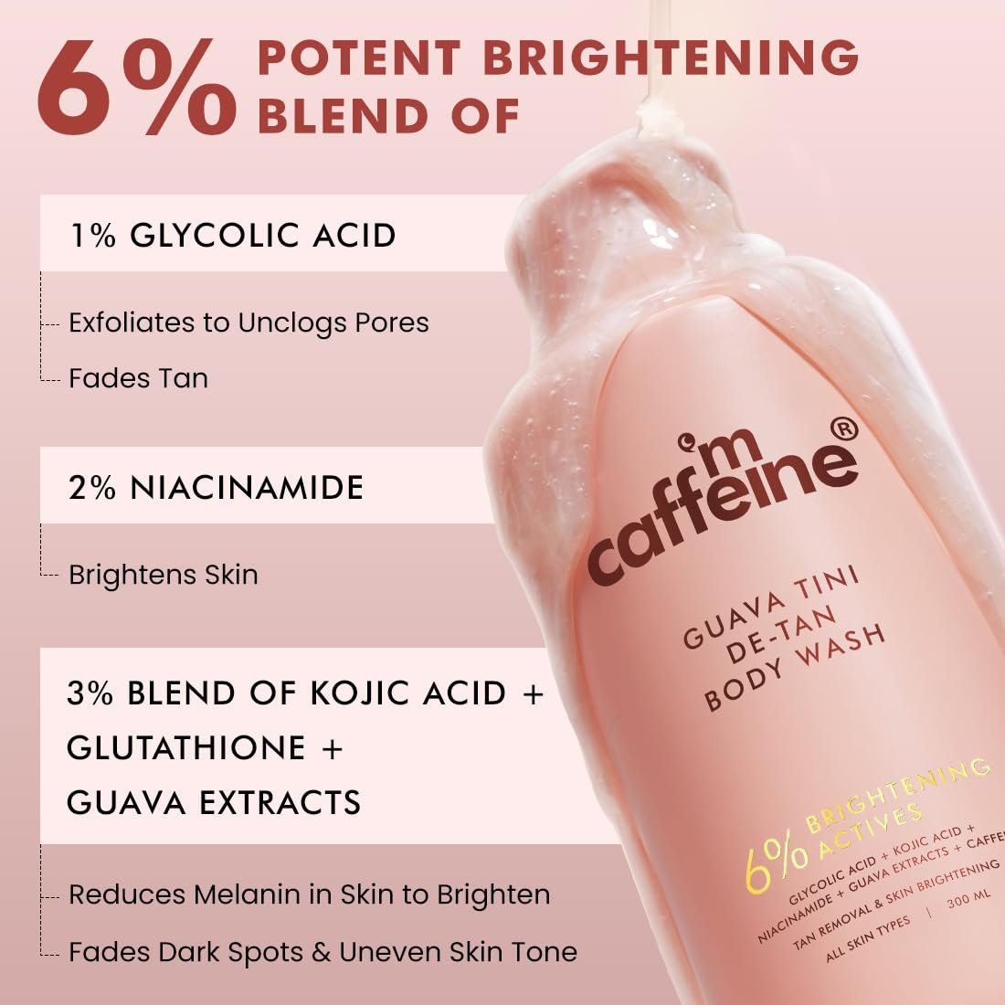 mCaffeine 1% Glycolic Acid Detan Body Wash 300ml | 2% Niacinamide, 3% Kojic Acid-Glutathione | Brightens, Hydrates, Reduces Dark Spots & Evens Tone |  Guava Shower Gel for Dry Skin thumbnail