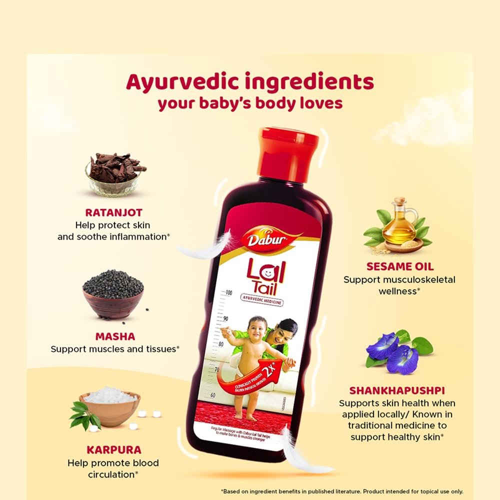 Dabur Lal Tail : Ayurvedic Baby Oil|Clinically Tested 2x Faster Physical Growth for Stronger Bones and Muscles- 200 ml thumbnail