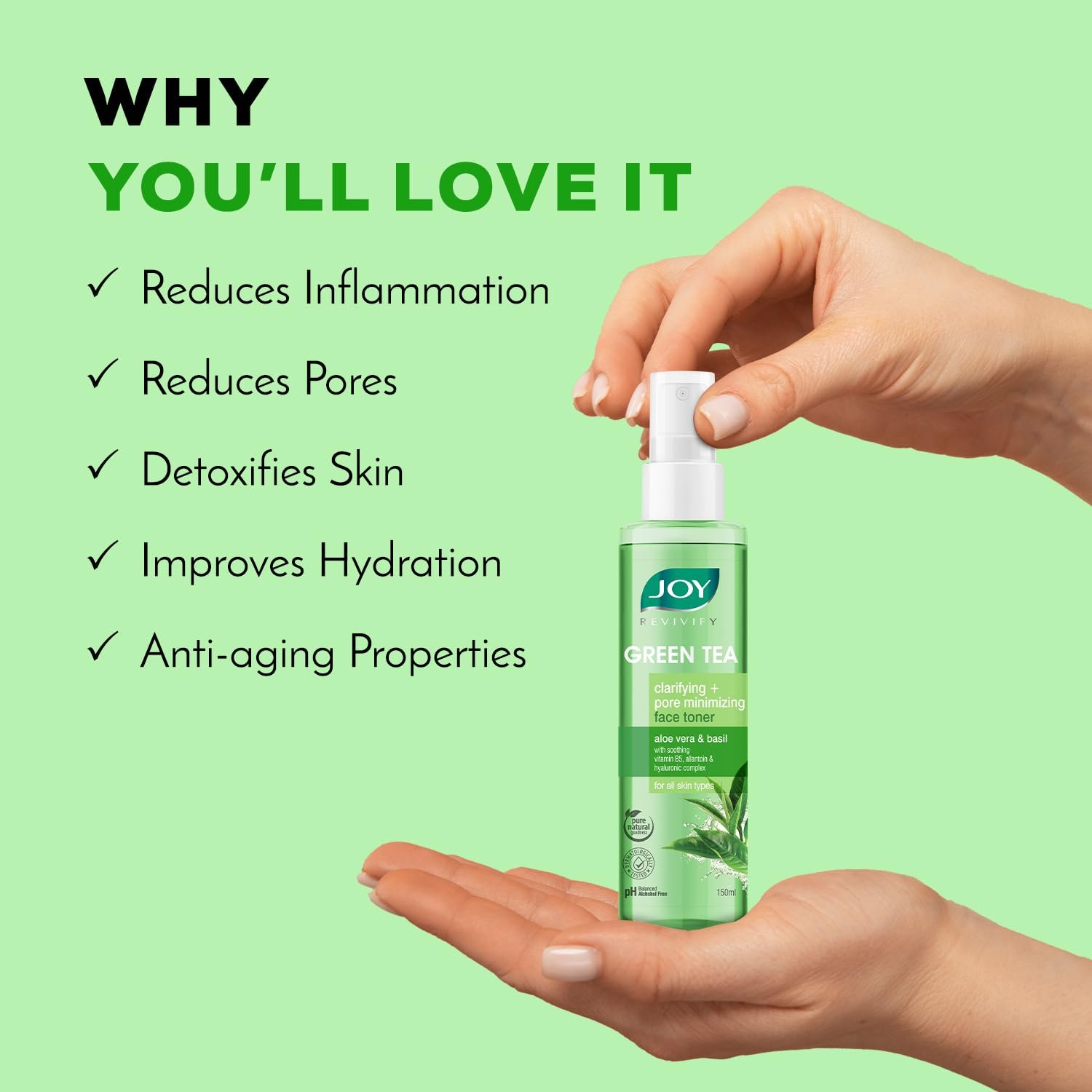 Joy Clarifying & Pore Minimizing Green Tea Face Toner (150ml) | Alcohol Free Toner with Aloe Vera, Vitamin E & Hyaluronic Acid for Hydrating & Refreshing Skin | For All Skin Types thumbnail