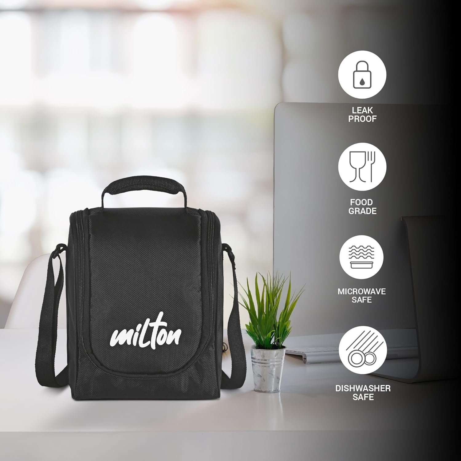 MILTON Pro Lunch Box with Steel Cutlery, 3 Microwave Safe Inner Steel Containers (180ml, 320ml, 450ml) Plastic Chutney Dabba 100ml, Bottle 750ml with Insulated Bag, Office Tiffin, Black thumbnail