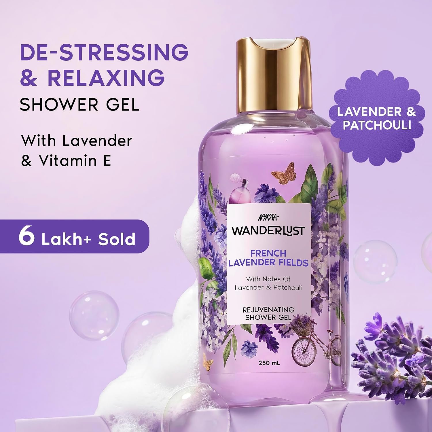 Nykaa Wanderlust French Lavender Relaxing & Destressing Floral Perfume Body Wash, with Patchouli, Vitamin E & Glycerine, Hydrating Shower Gel for Smooth & Soft Skin, Long-lasting Fragrance, thumbnail
