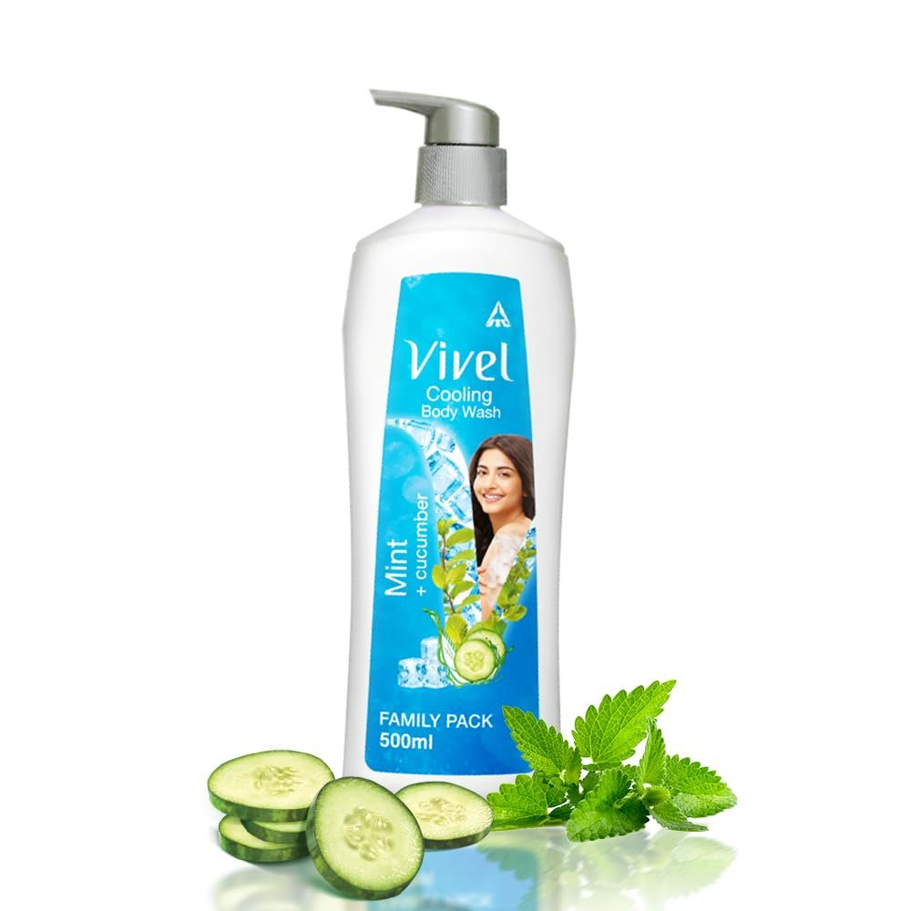 Vivel Cooling Body Wash, Mint & Cucumber Shower Gel, 500 ml Pump Bottle, Refreshing, Moisturizing & Fragrant Bodywash, For Soft, Smooth & Fresh Skin, For Women & Men thumbnail