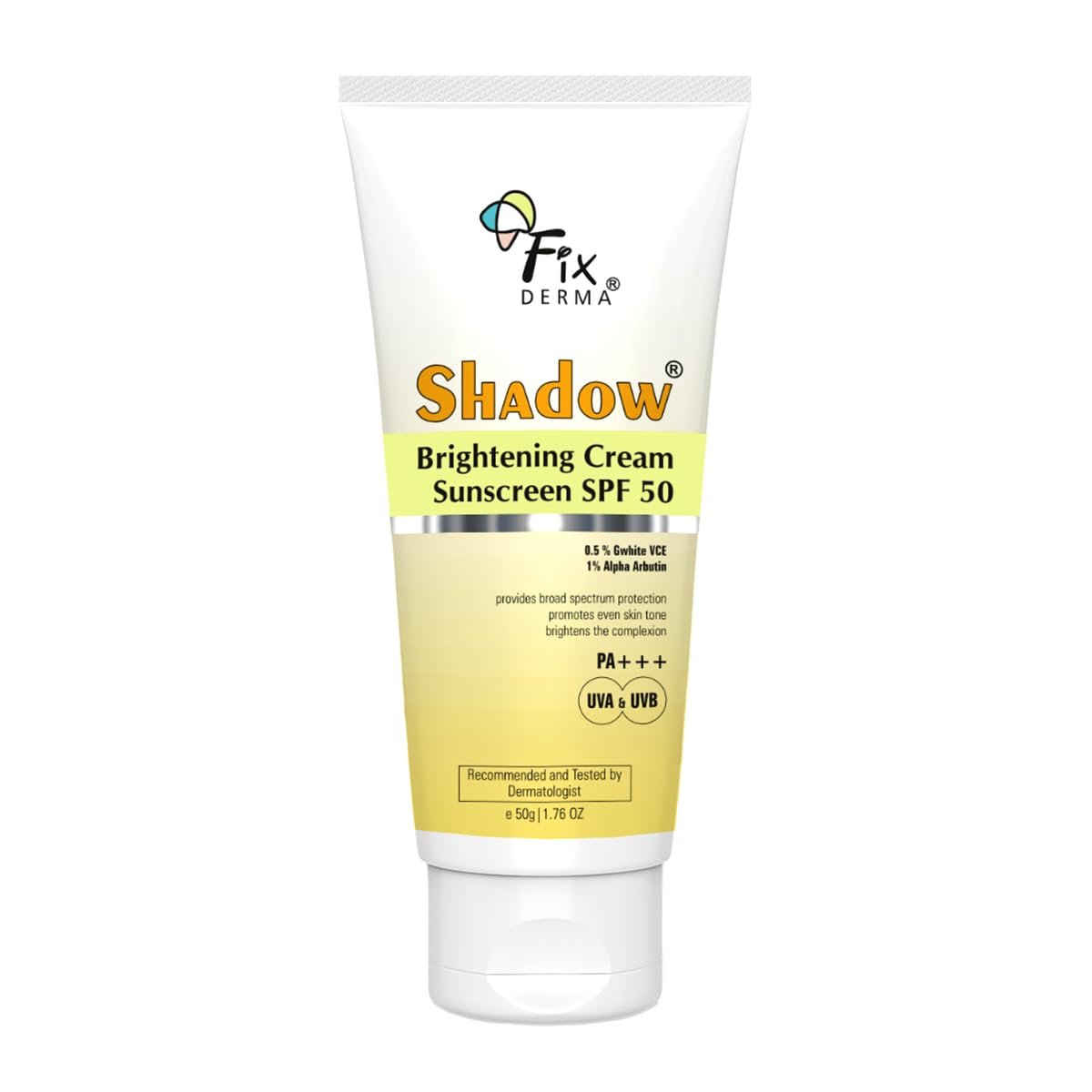 Fixderma Shadow Brightening Sunscreen SPF50 PA+++ with 1% Alpha Arbutin | UVA/UVB, Broad Spectrum Protection | Reduce Tan & Brightens the Complexion | Lightweight, No White Castb- 50GM thumbnail