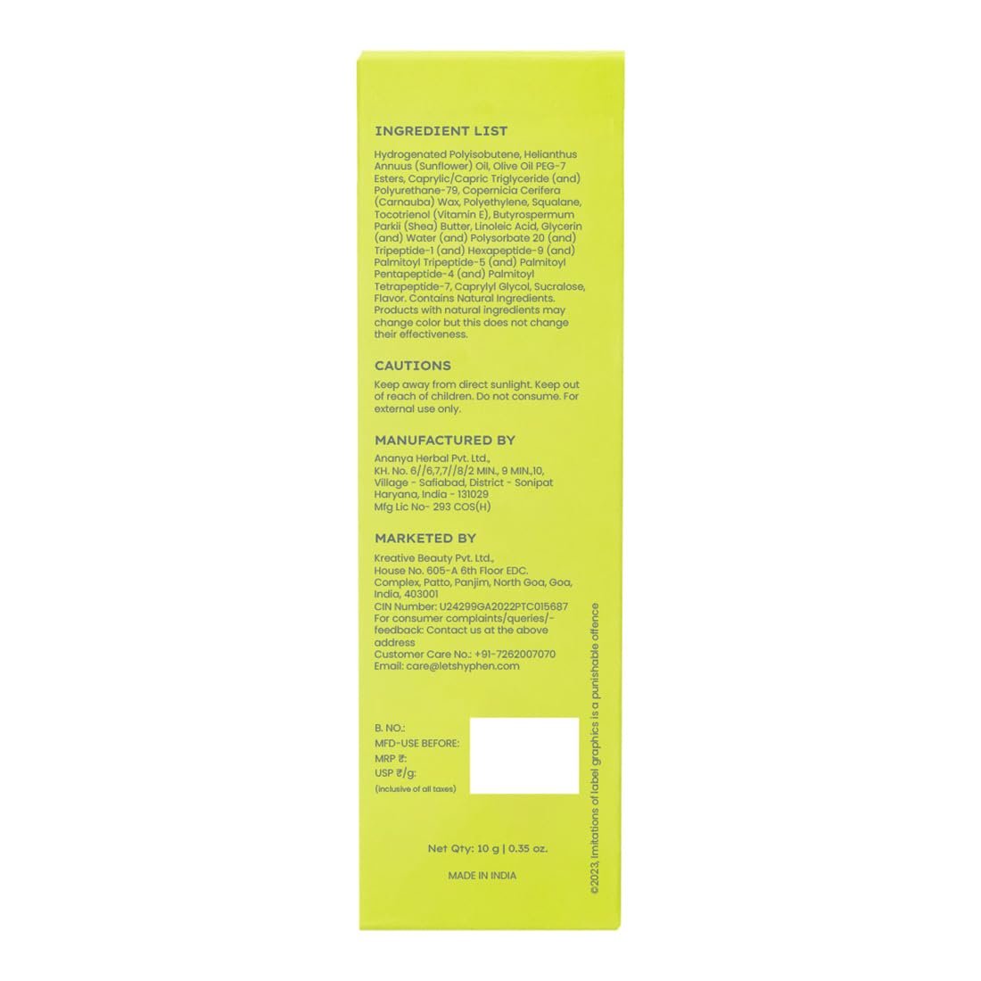 Hyphen-Vitamin Infused Peptide Lip Balm-Vanilla for Dry & Chapped Lips|Hydrating & Moisturizing Lip Balm for Unisex|for Dark Lips| Vegan,SLS & Parabens Free|10gm thumbnail