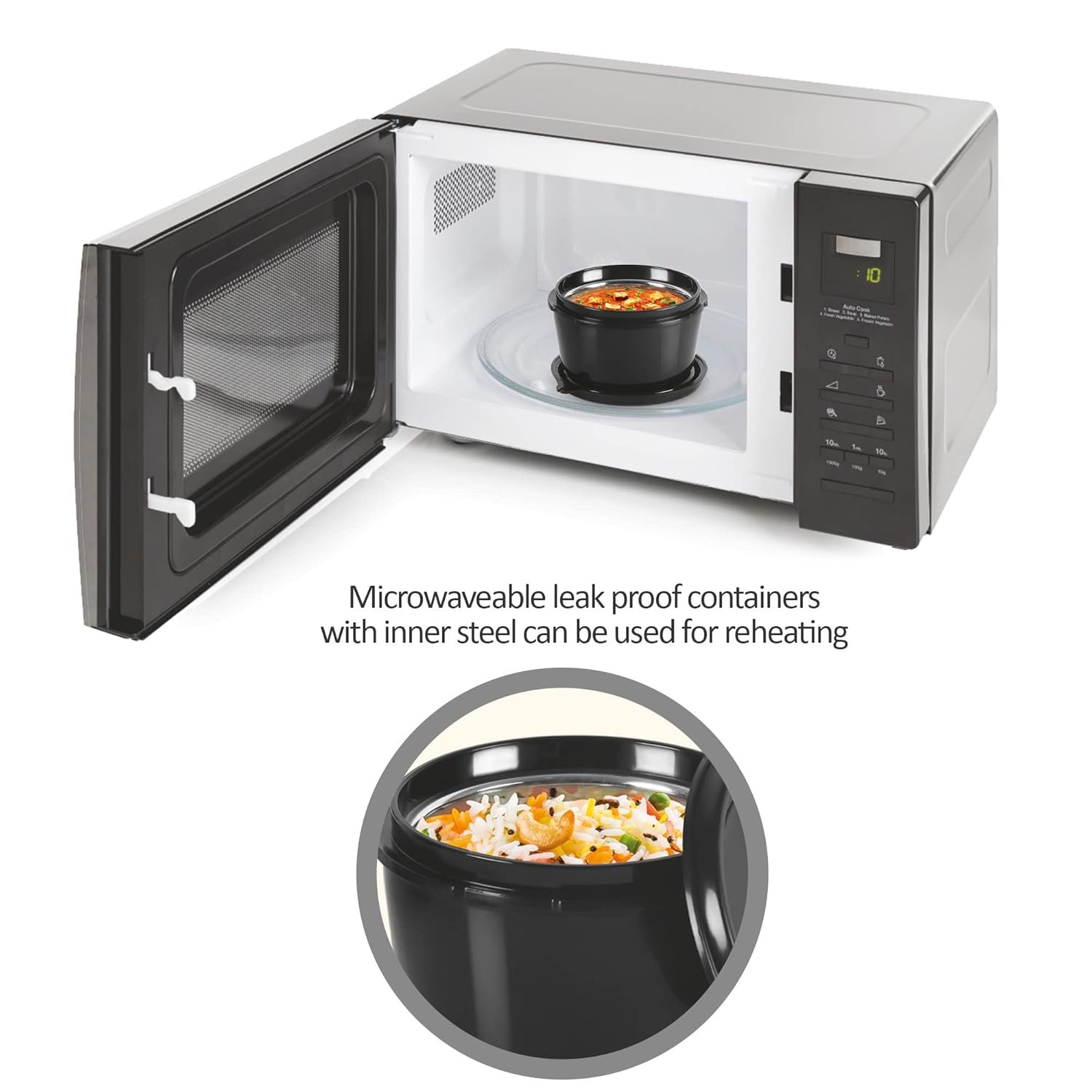 MILTON Pro Lunch Box with Steel Cutlery, 3 Microwave Safe Inner Steel Containers (180ml, 320ml, 450ml) Plastic Chutney Dabba 100ml, Bottle 750ml with Insulated Bag, Office Tiffin, Black thumbnail