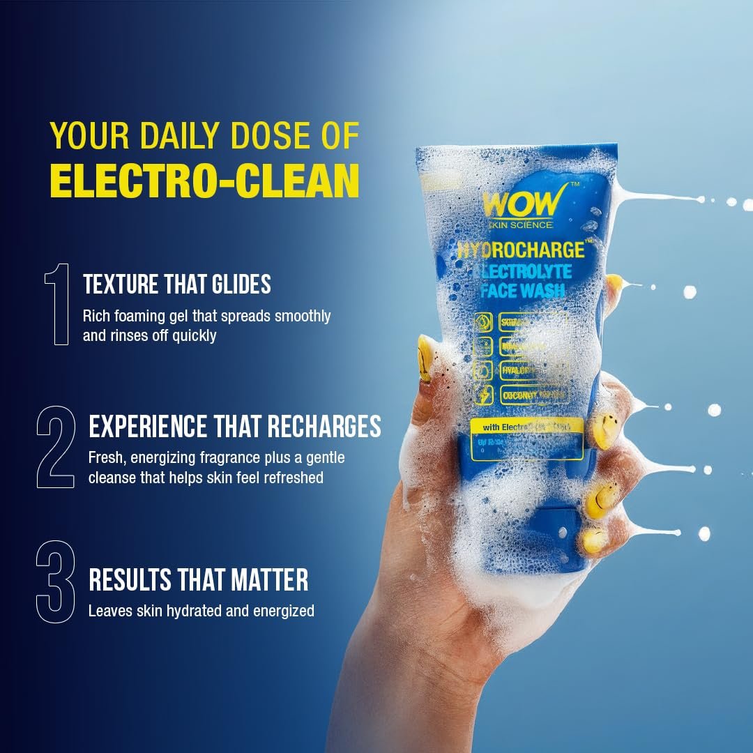 WOW Skin Science Hydrocharge™ Electrolyte Face Wash with ElectroDew™ Tech | India’s 1st Electrolyte Cleanser with Sodium, Magnesium, Hyaluronic Acid & Coconut Water | pH 5–6 | 100ml thumbnail
