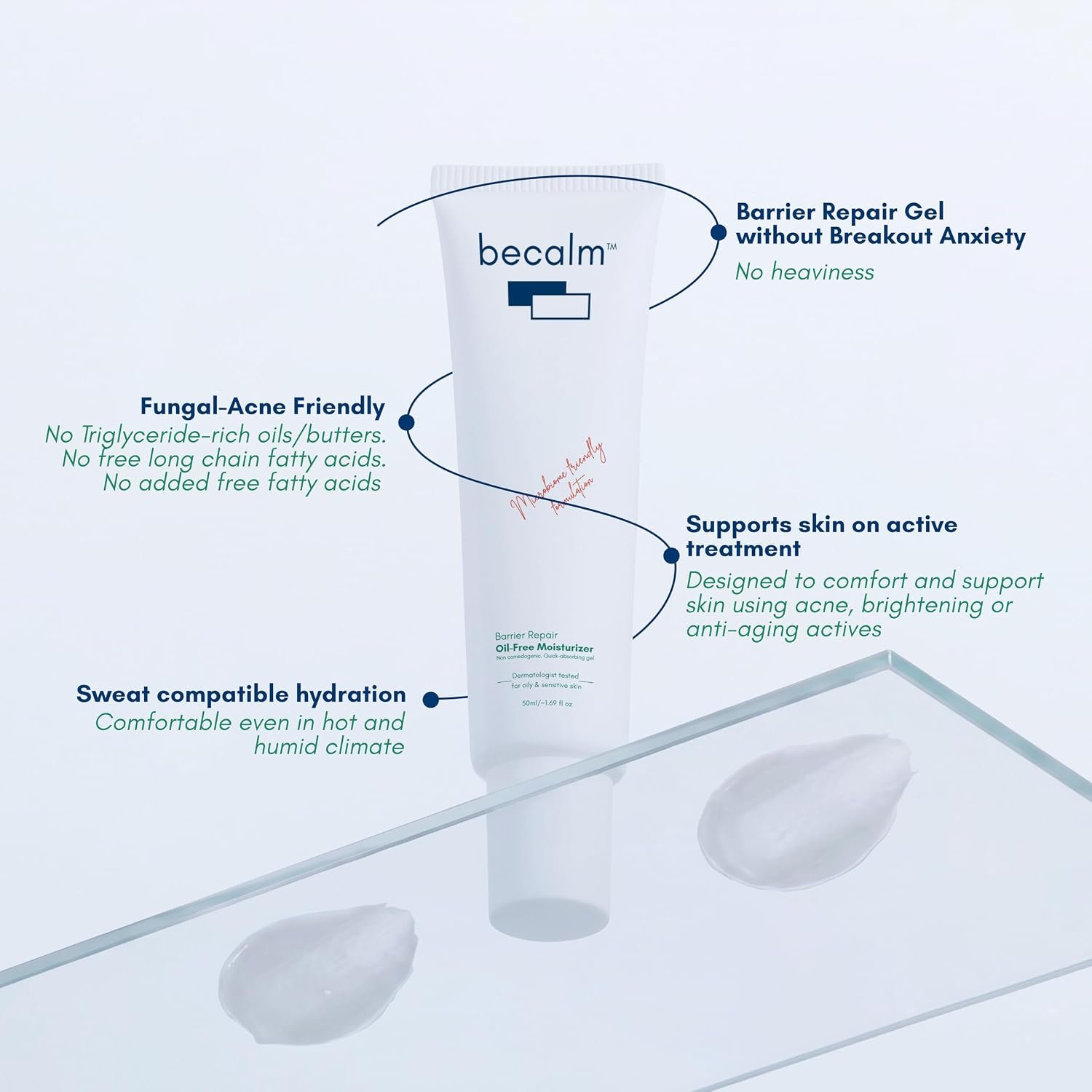 Becalm Barrier Repair Oil Free Moisturizer for Oily Skin & Sensitive Skin | Non-Comedogenic, Fast-Absorbing & Fungal-Acne-Prone Friendly | Ceramides, Prebiotics, Centella and Panthenol | thumbnail