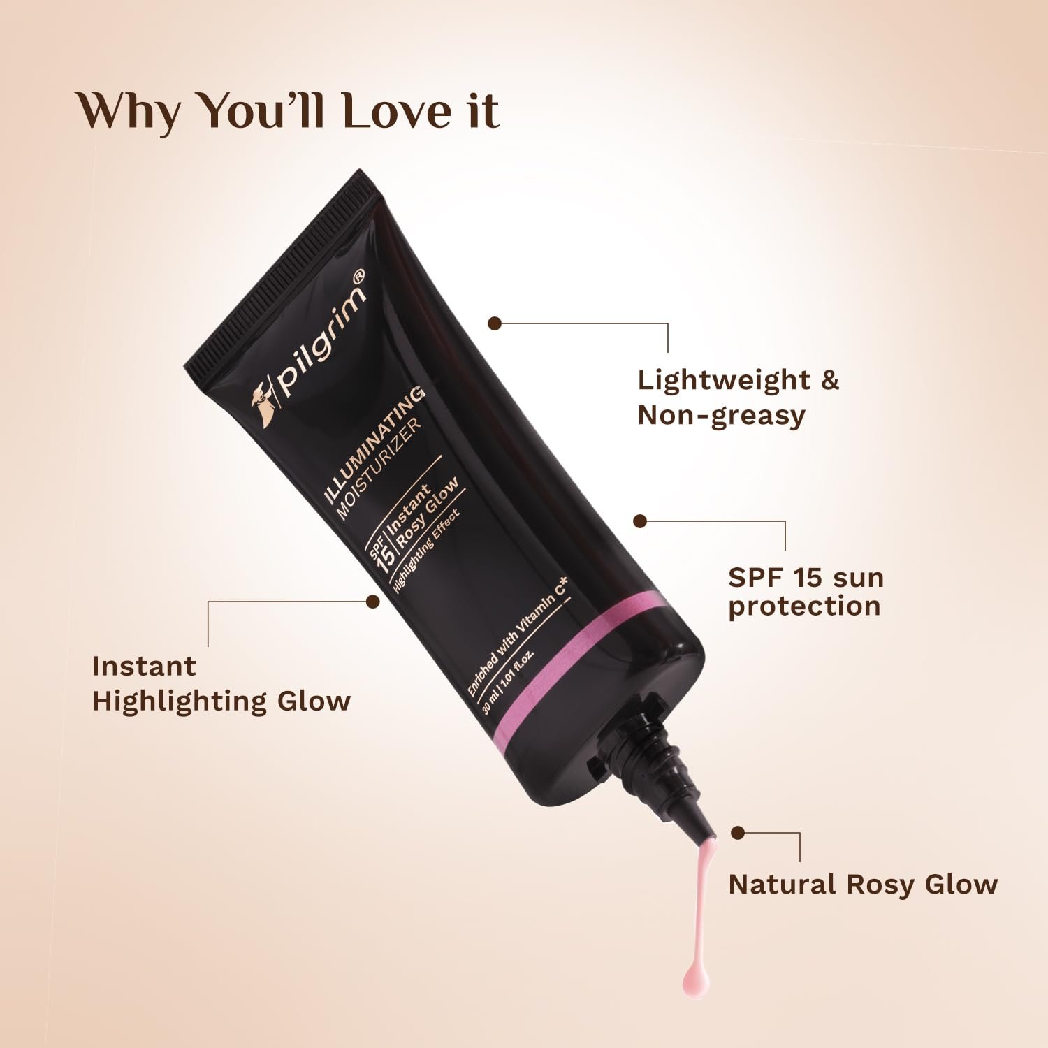 Pilgrim Illuminating Moisturizer Cream For Face | For Instant Rosy Glow & Spf 15 | Non-Greasy Highlighter With Pink Pearl Finish | Enriched With Australian Kakadu Plum | All Skin Types 30Ml thumbnail